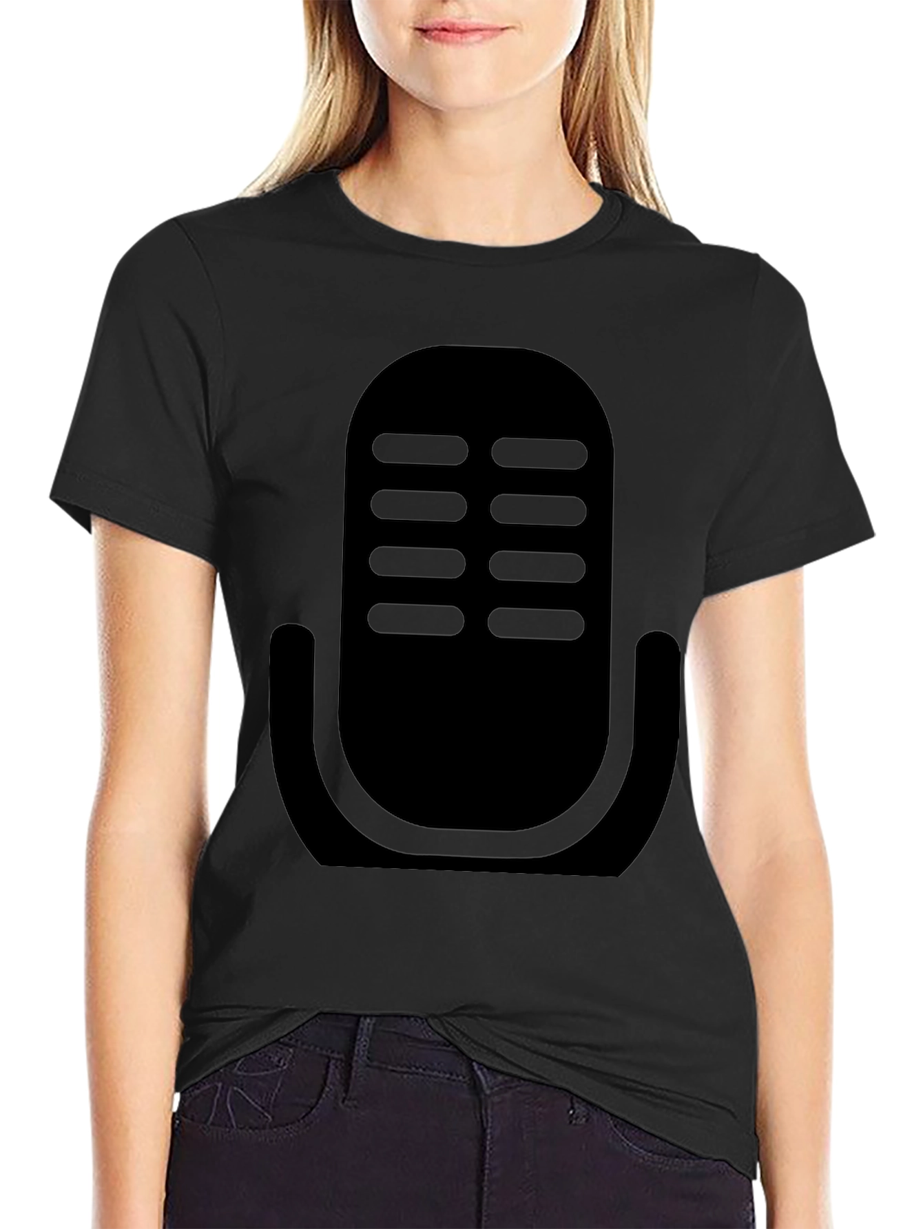 Camiseta Negra con Diseño de Micrófono Retro