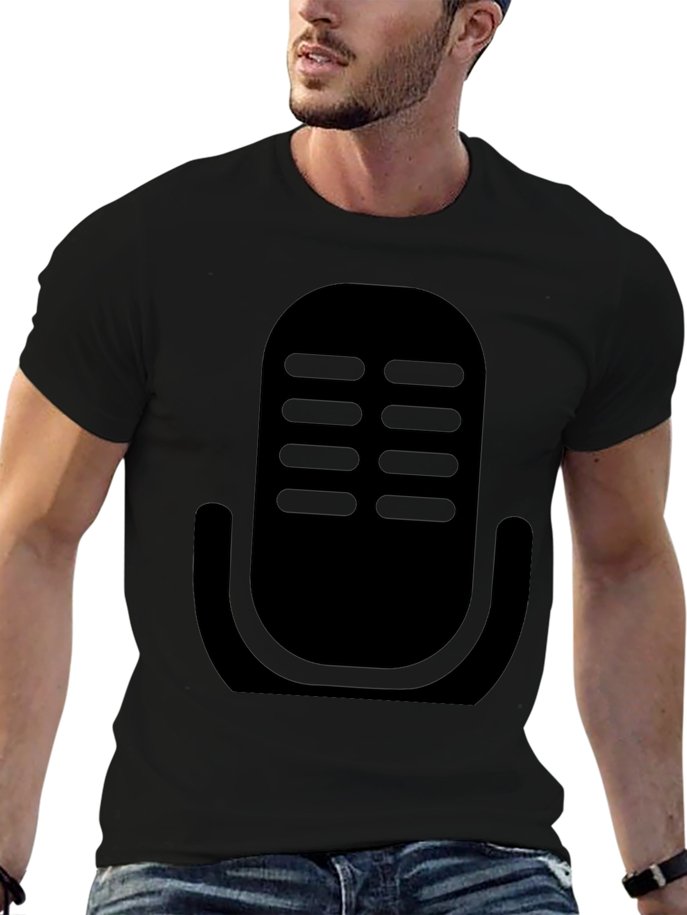 Camiseta Negra con Diseño de Micrófono Retro