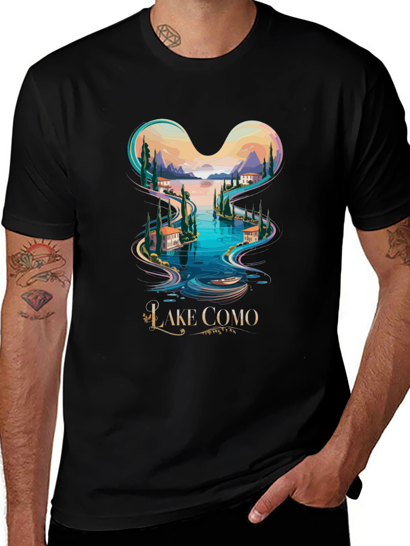Camiseta Negra Lago Como Diseño Italia