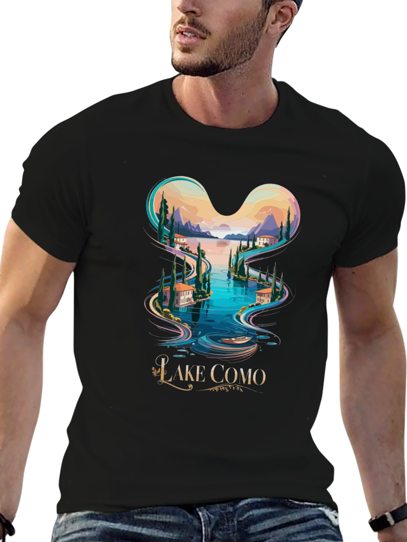 Camiseta Negra Lago Como Diseño Italia
