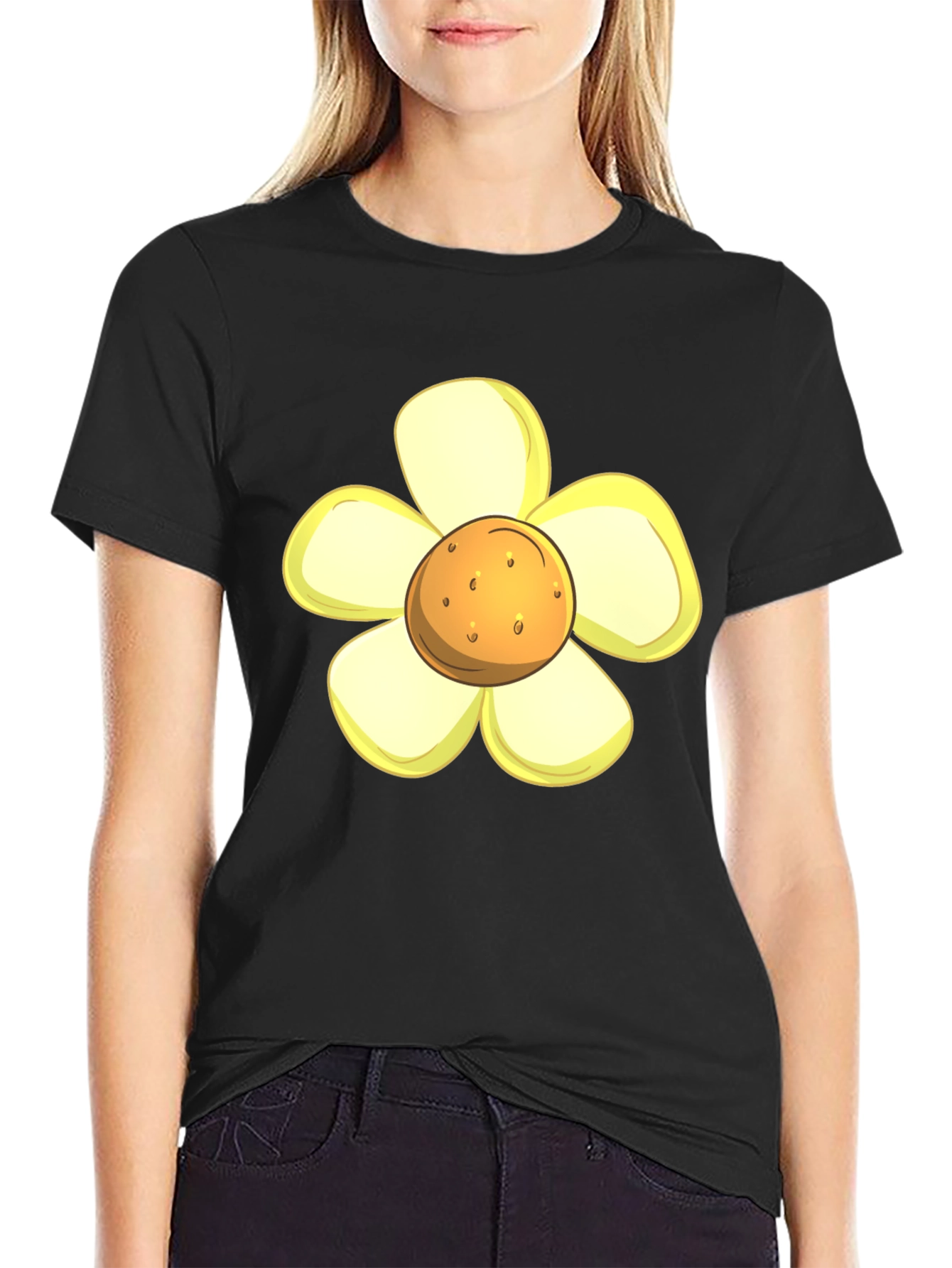 Camiseta Negra con Diseño de Flor Amarilla