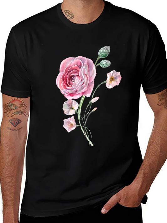 Camiseta Negra con Estampado Floral Rosado