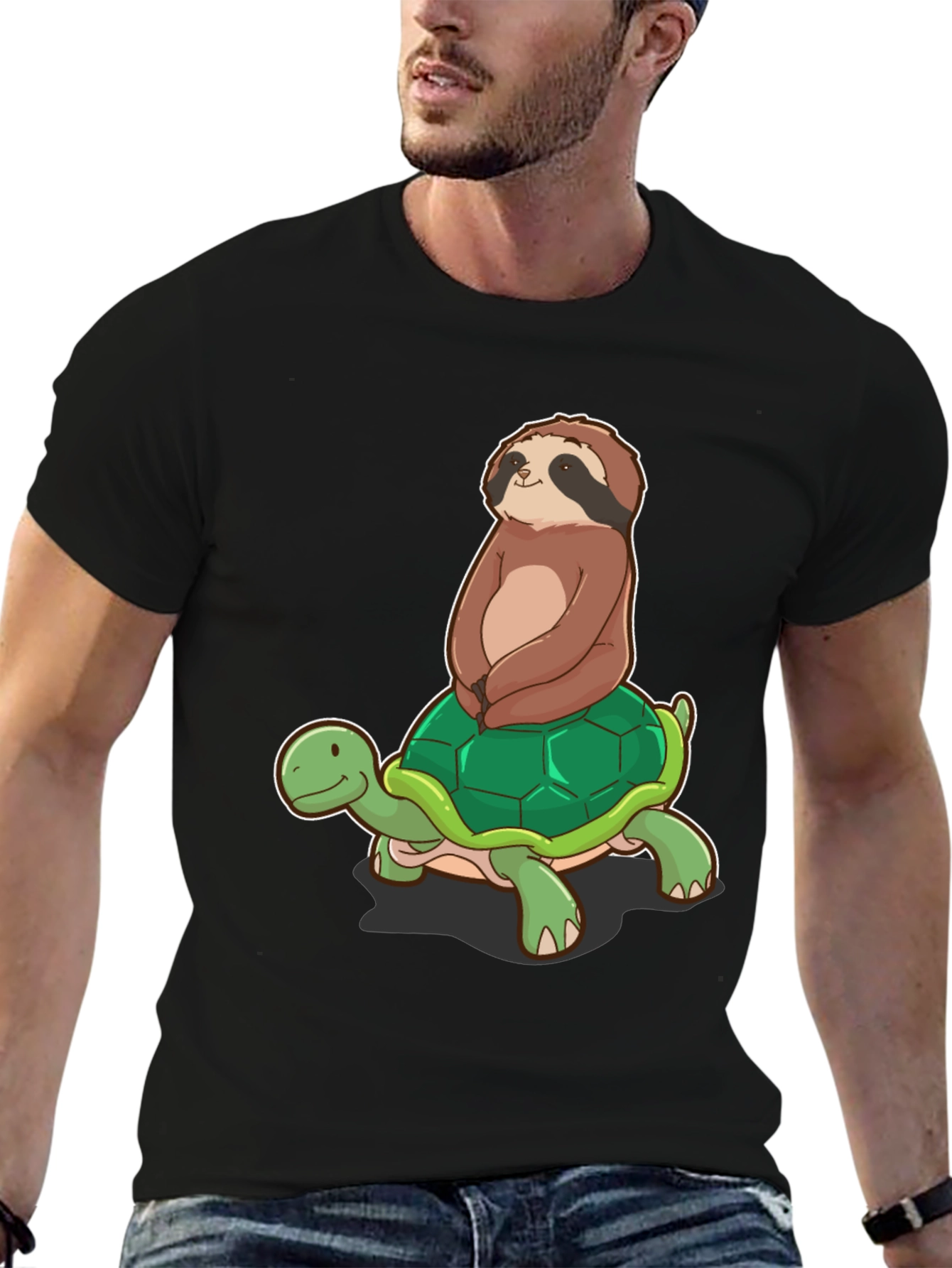 Camiseta Negra con Diseño de Perezoso en Tortuga