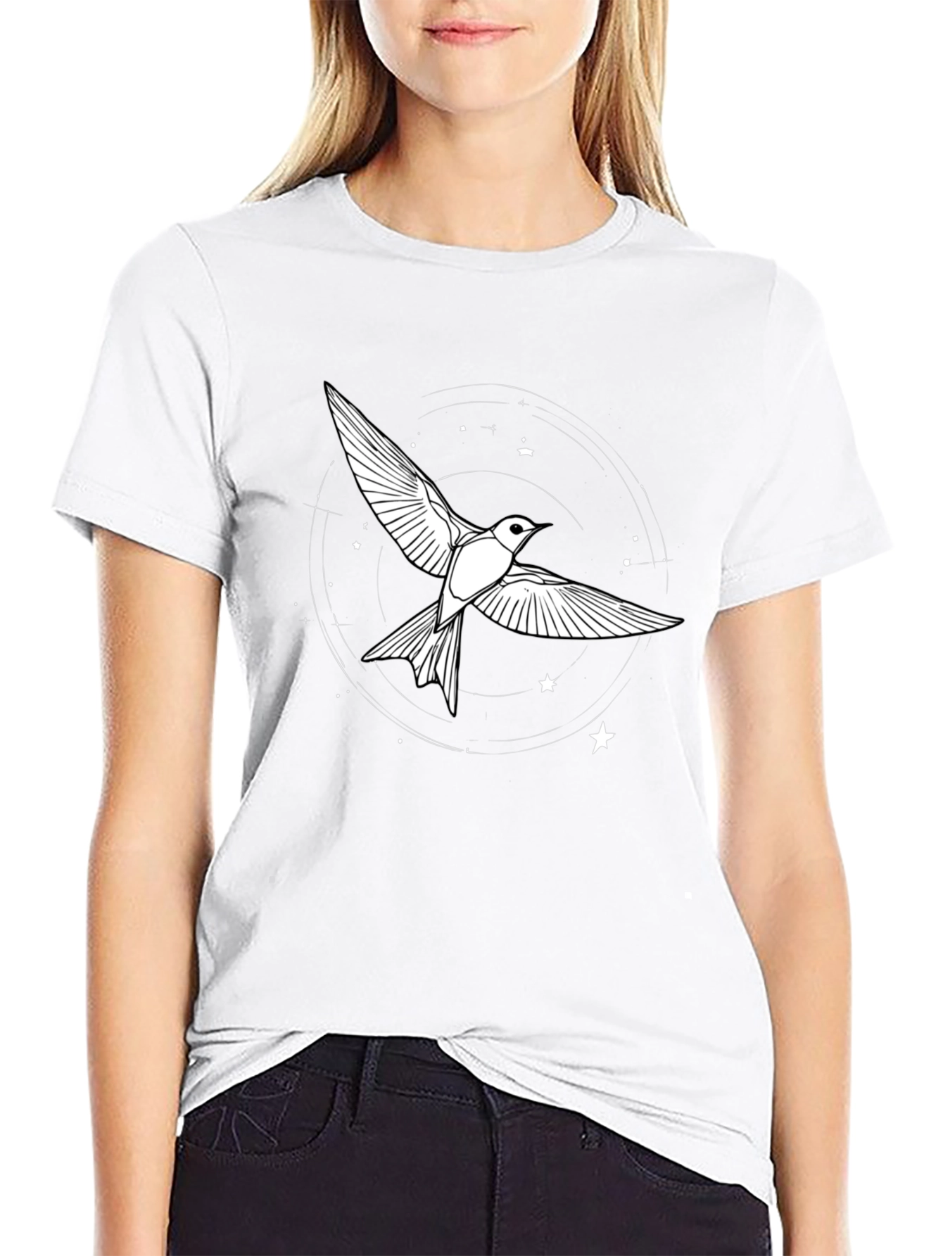 Camiseta Negra con Diseño de Pájaro Estelar