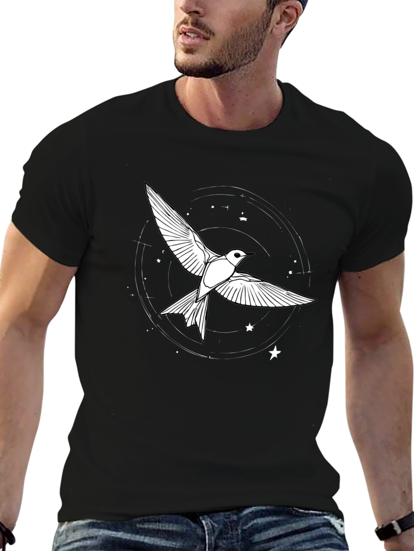 Camiseta Negra con Diseño de Pájaro Estelar