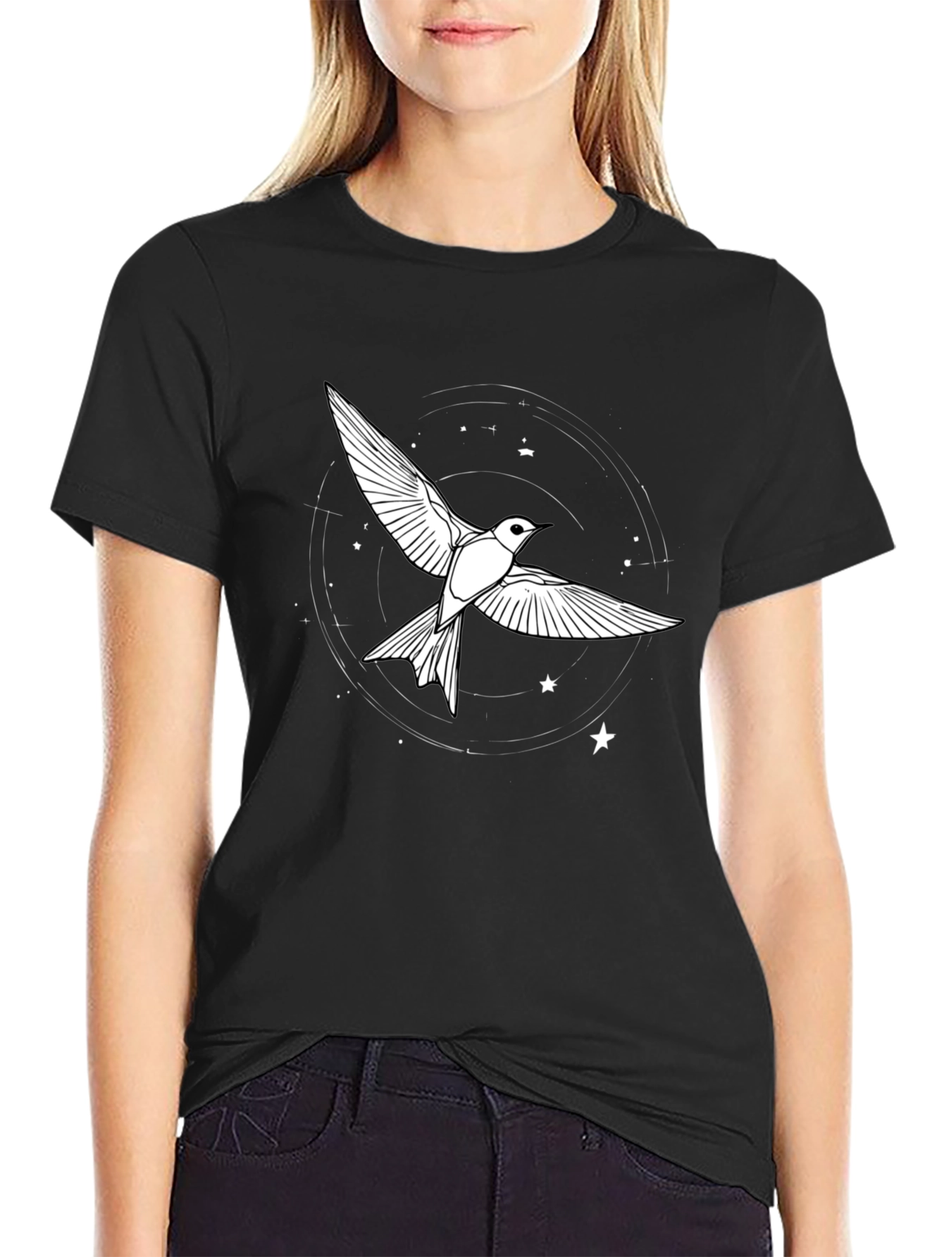 Camiseta Negra con Diseño de Pájaro Estelar