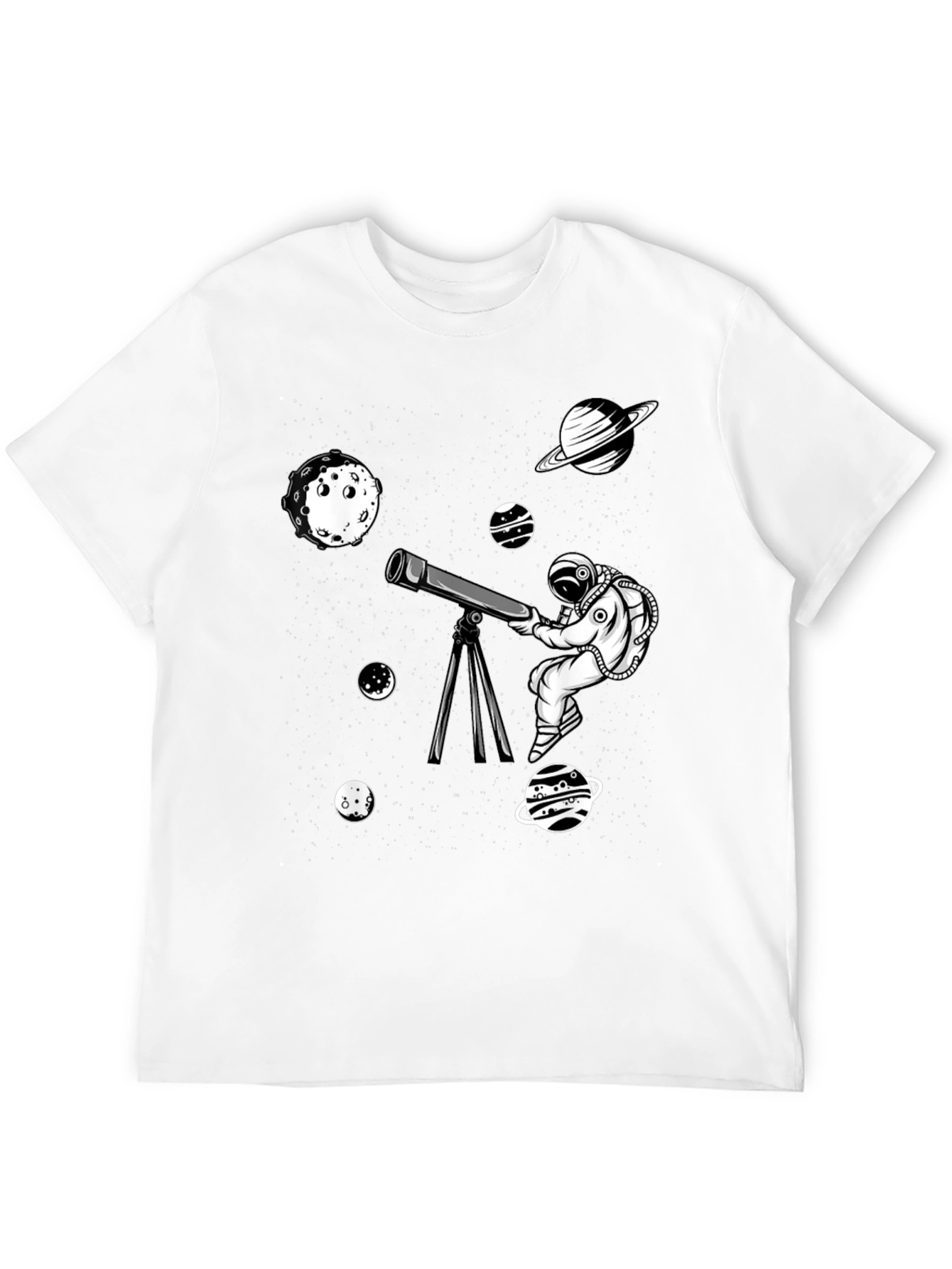 Camiseta Negra con Diseño de Astronauta y Planetas