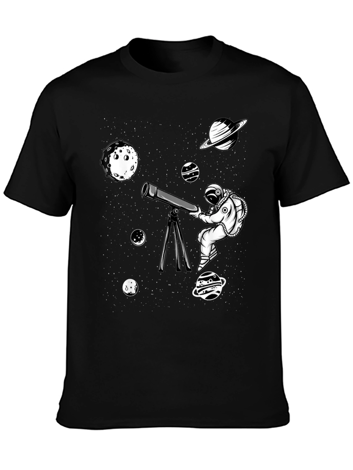 Camiseta Negra con Diseño de Astronauta y Planetas