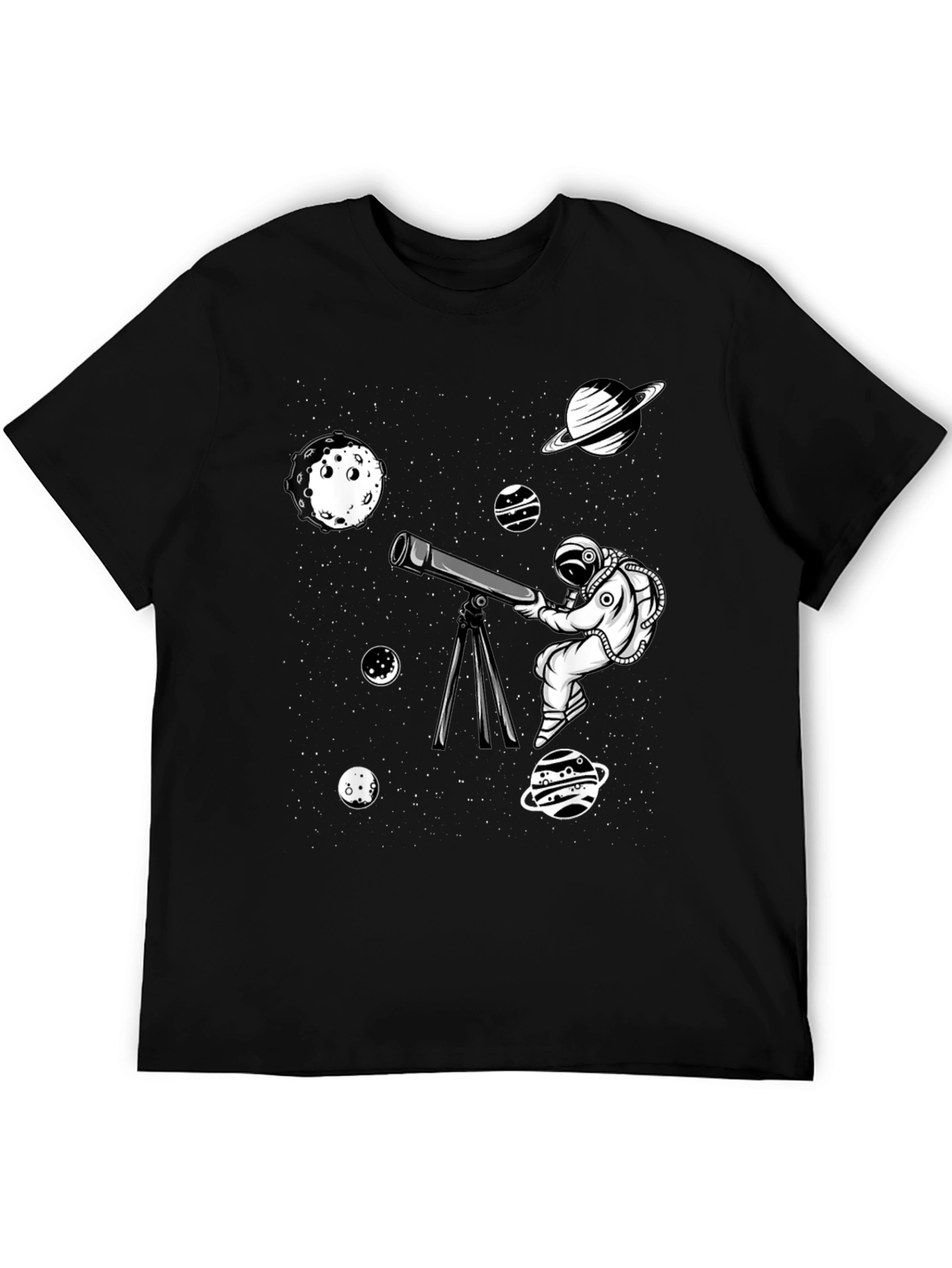Camiseta Negra con Diseño de Astronauta y Planetas