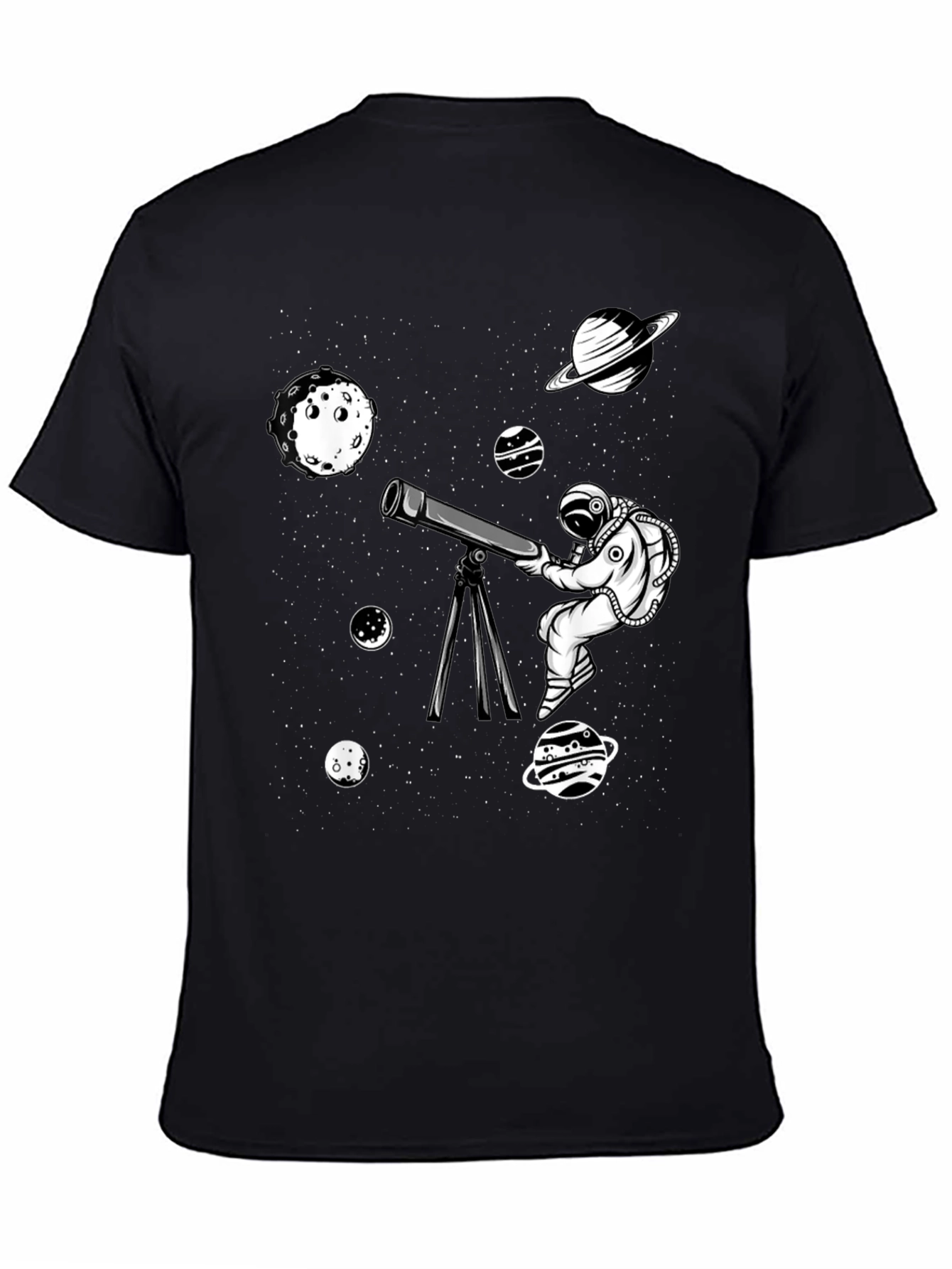 Camiseta Negra con Diseño de Astronauta y Planetas