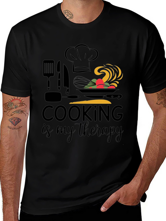 Camiseta Negra Cooking is My Therapy para Amantes de la Cocina