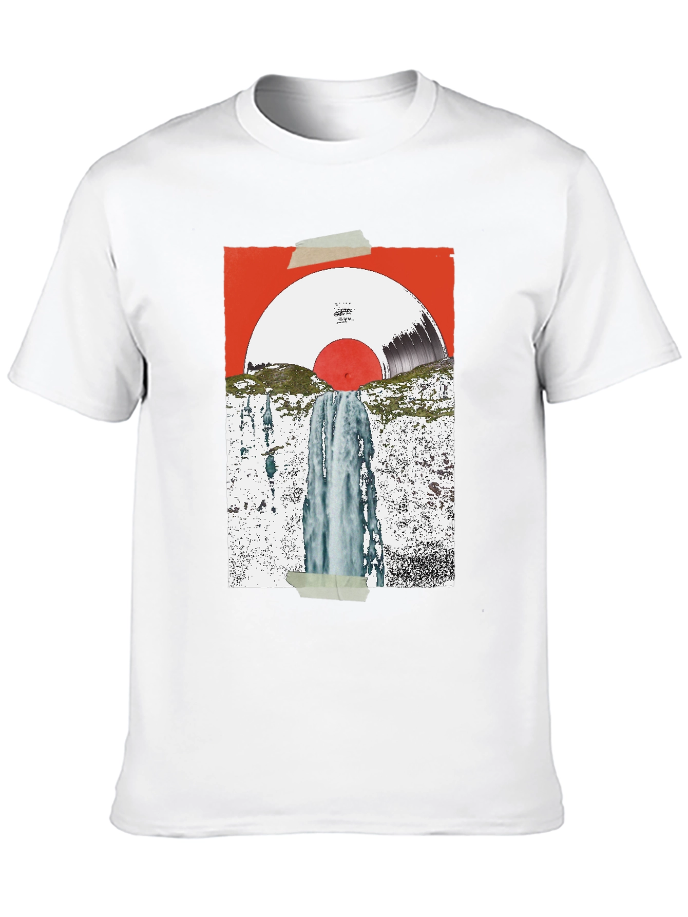 Camiseta Negra con Diseño Abstracto de Vinilo y Cascada