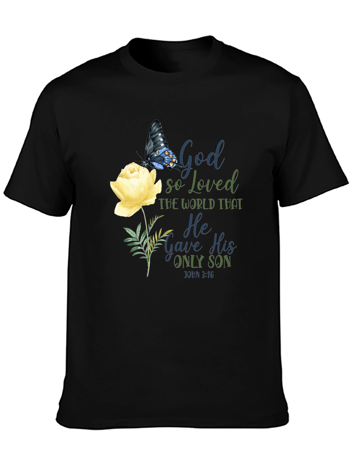 Camiseta Negra con Diseño Floral y Mensaje Religioso