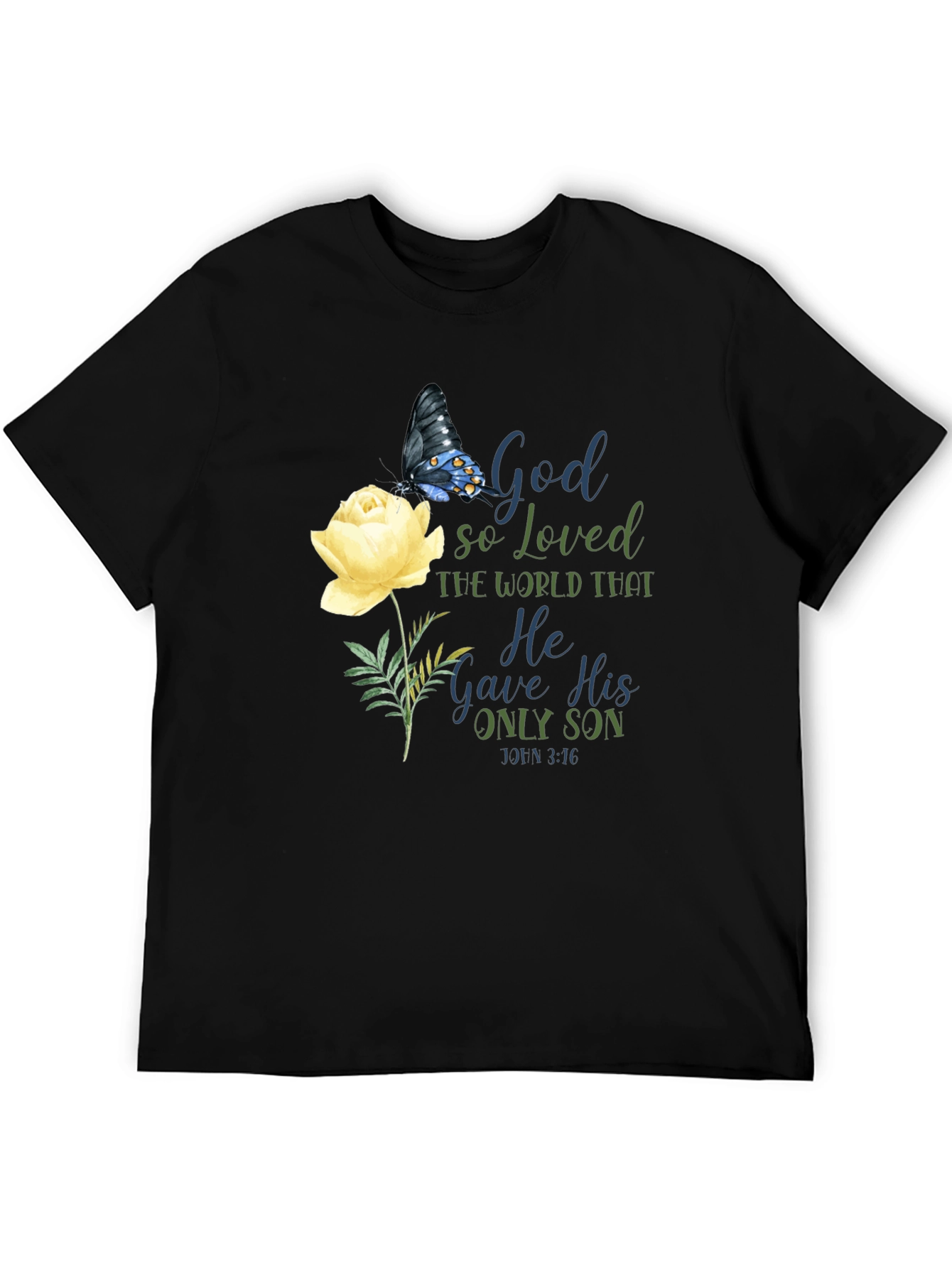 Camiseta Negra con Diseño Floral y Mensaje Religioso