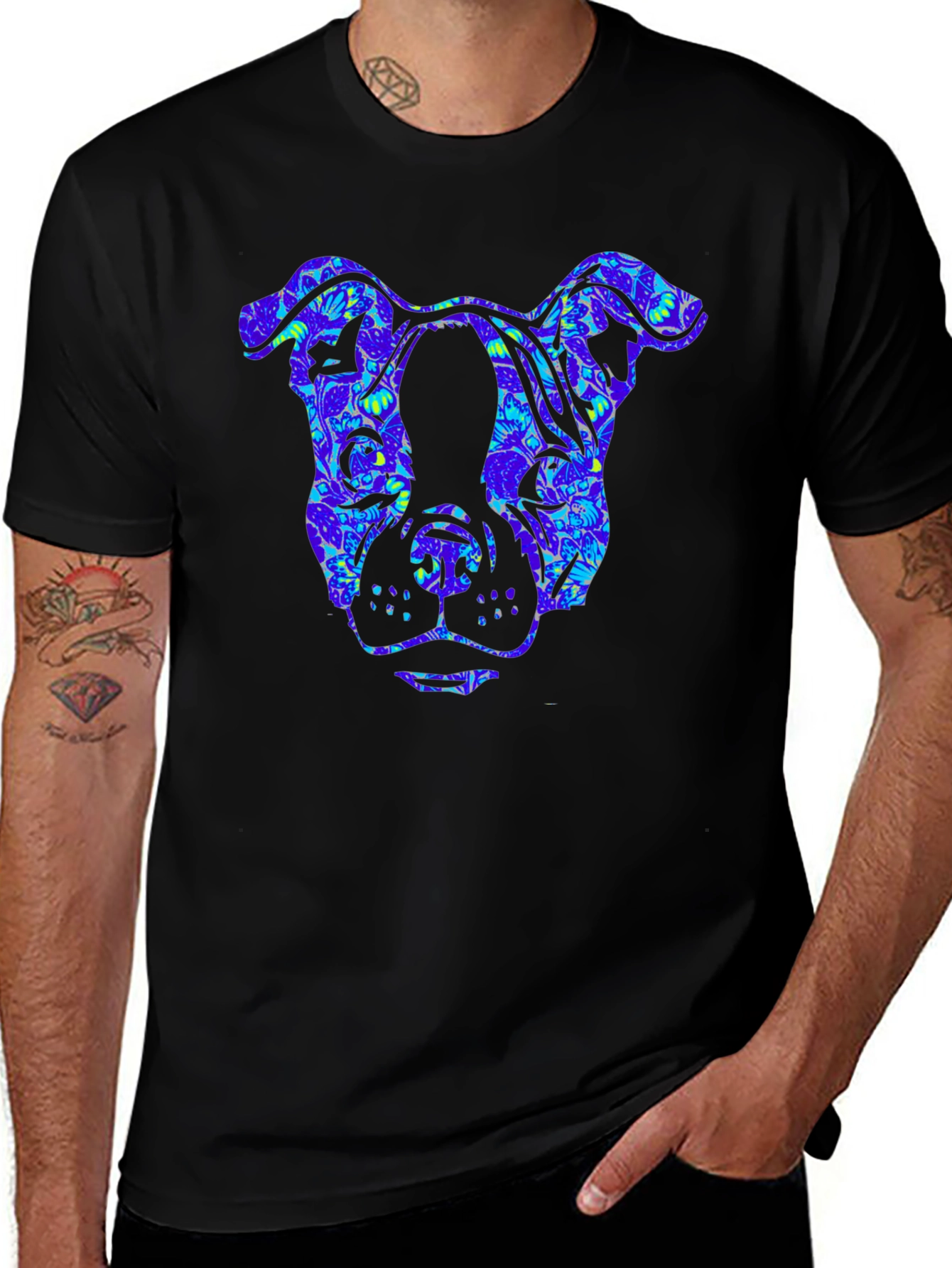 Camiseta Negra Estampado Cabeza de Perro Floral