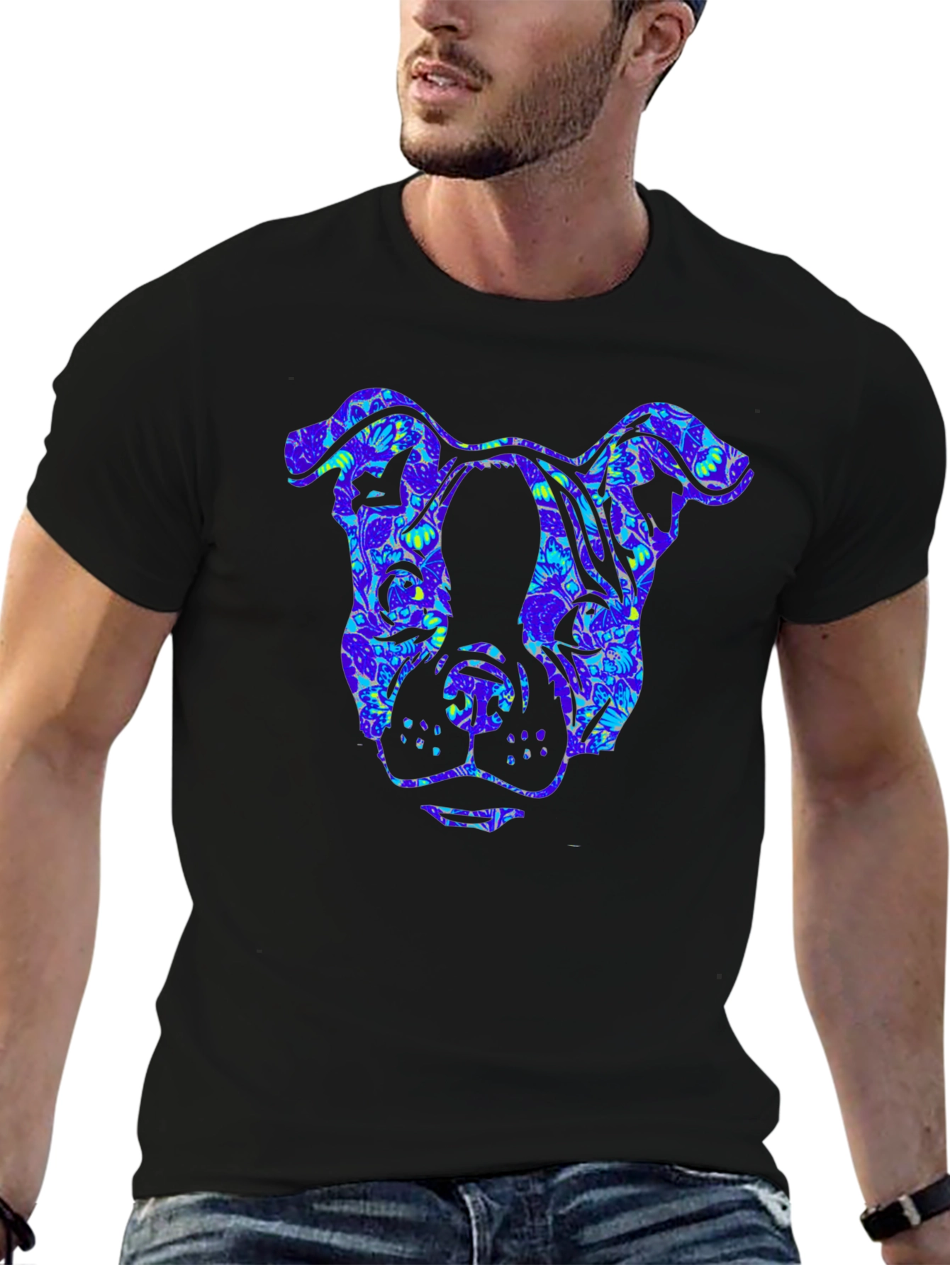 Camiseta Negra Estampado Cabeza de Perro Floral
