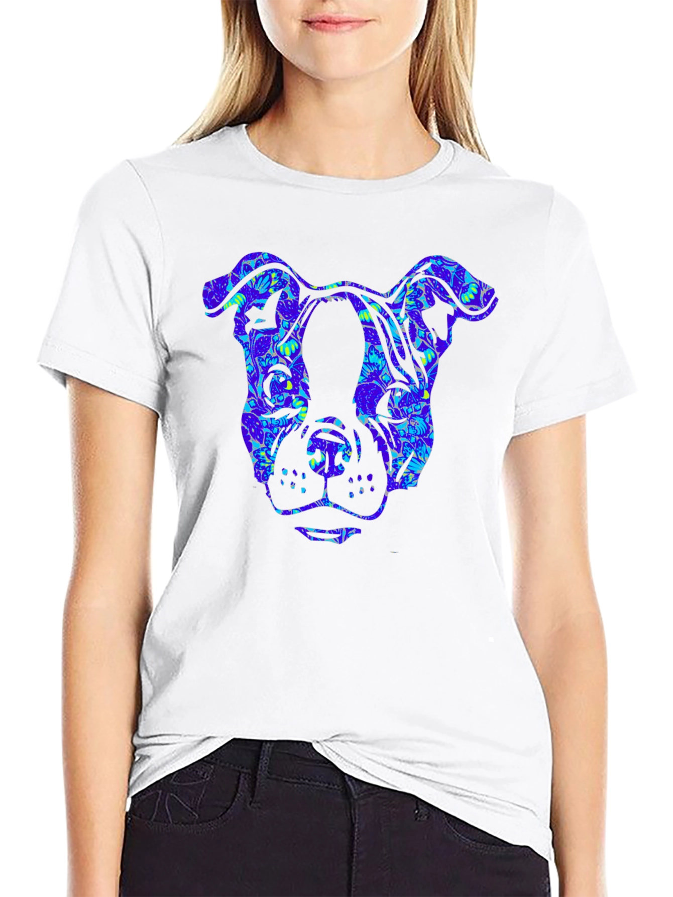 Camiseta Negra Estampado Cabeza de Perro Floral