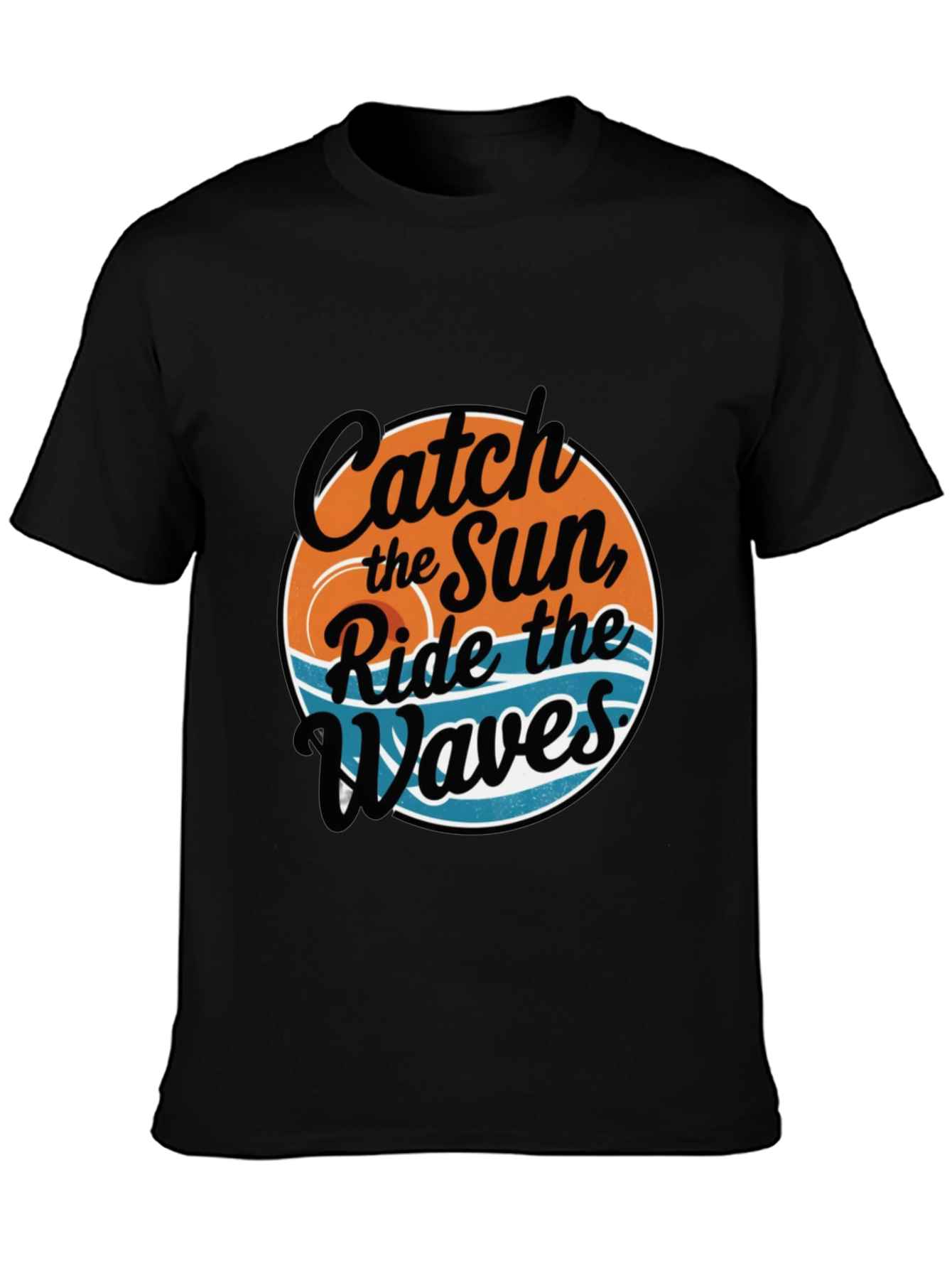 Camiseta Negra Estampada: Atrapa el Sol Surfea las Olas