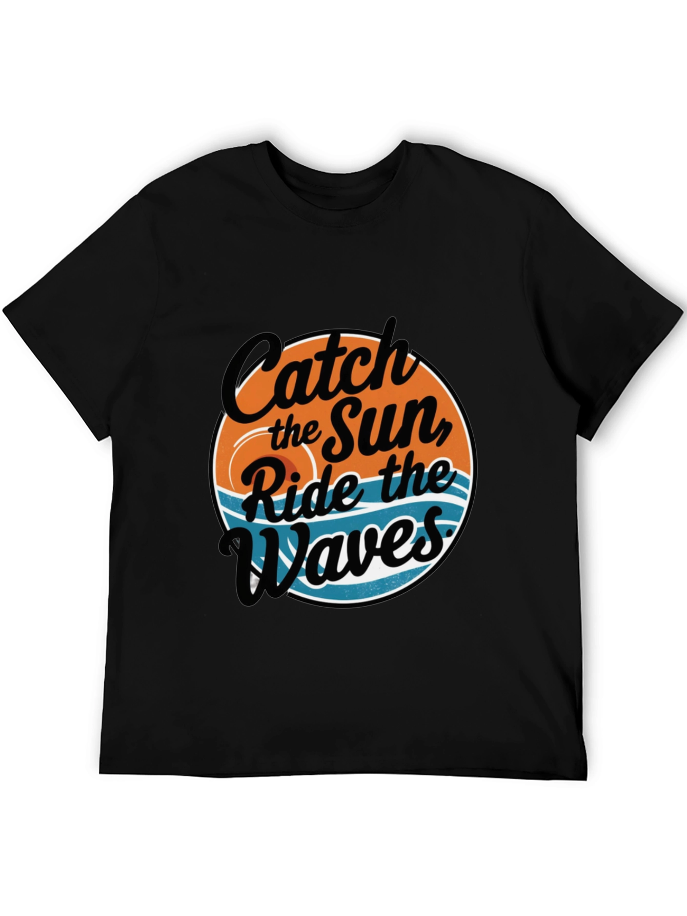 Camiseta Negra Estampada: Atrapa el Sol Surfea las Olas
