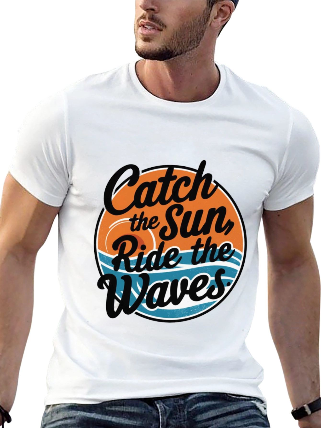 Camiseta Negra Estampada: Atrapa el Sol Surfea las Olas