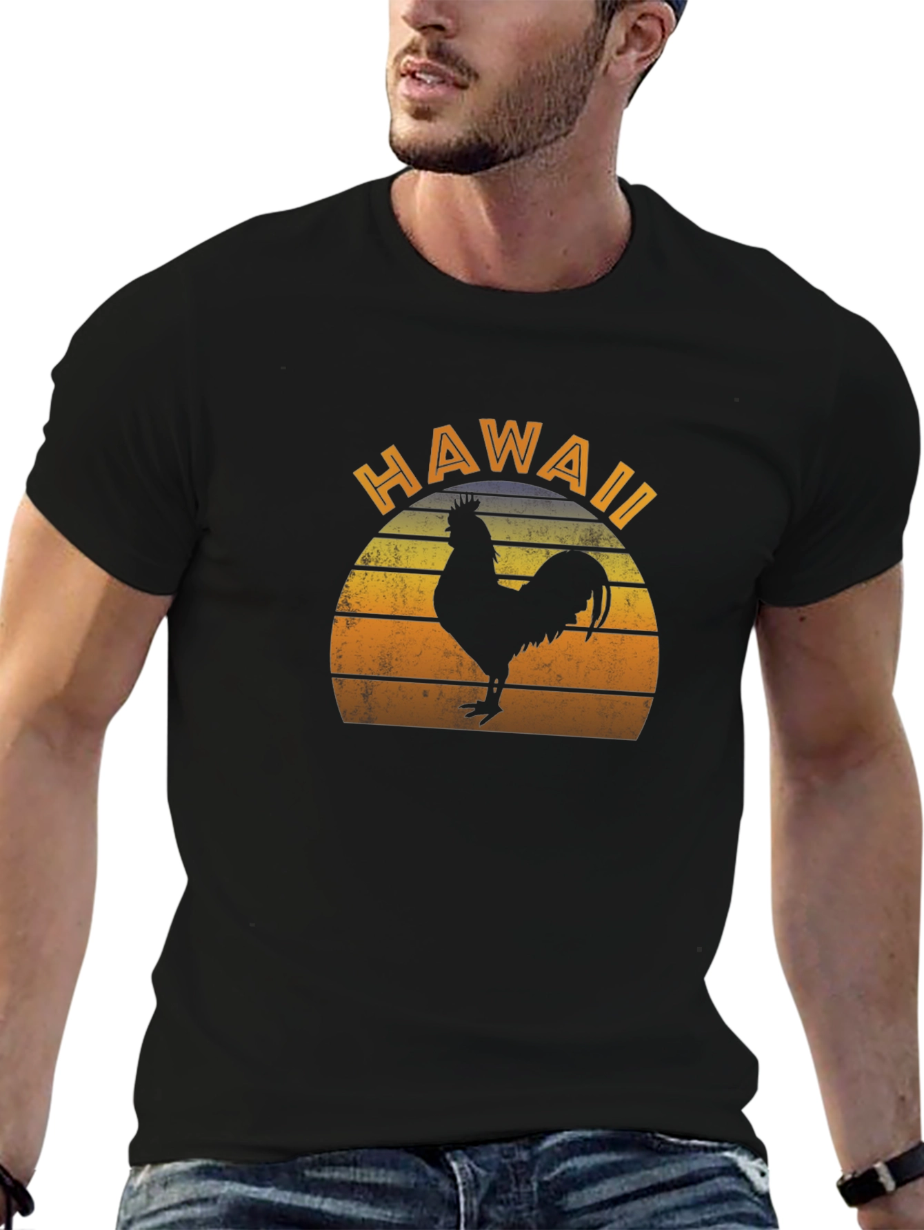 Camiseta Negra Hawaii Rooster Retro