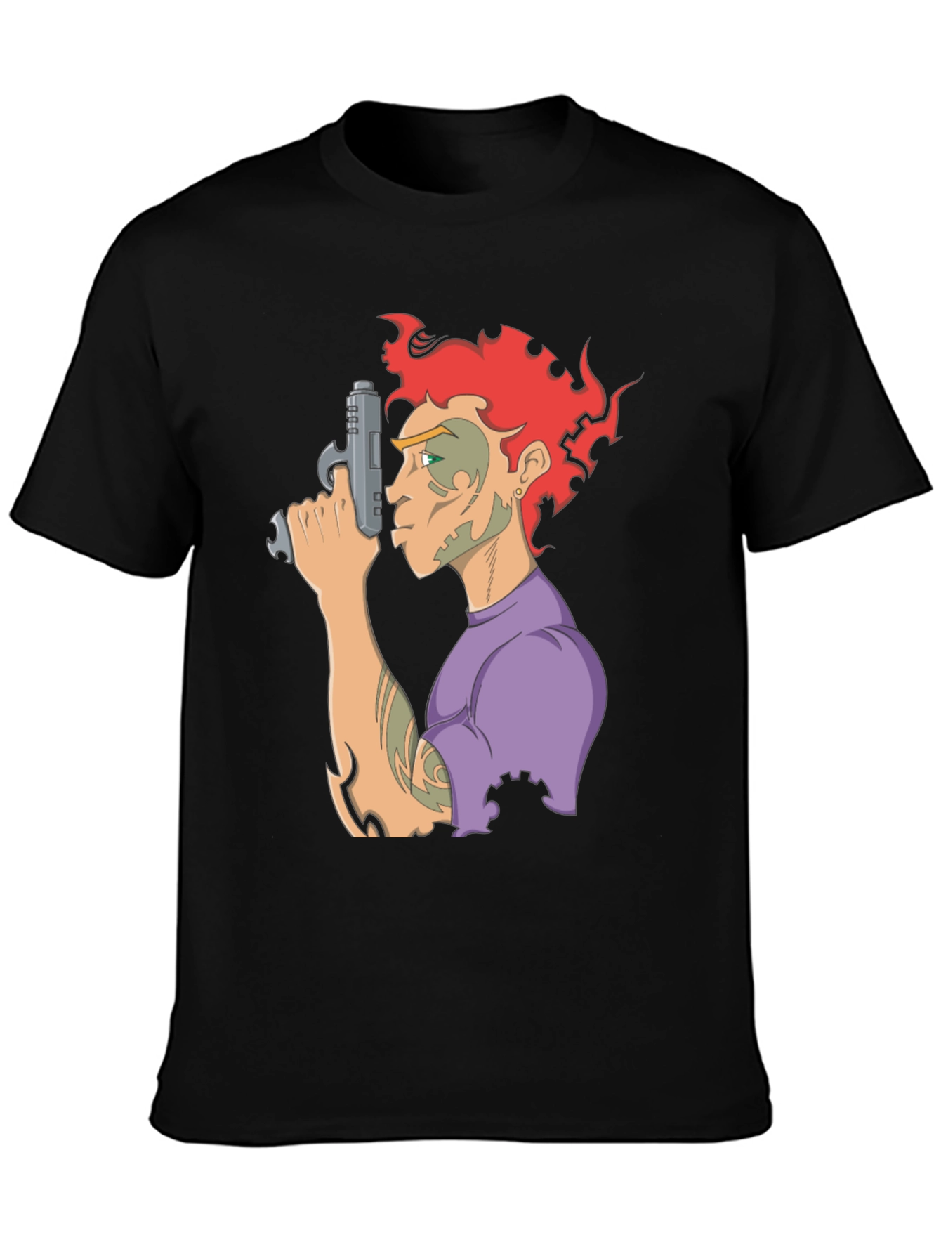 Camiseta Negra con Diseño Gráfico de Personaje con Pistola