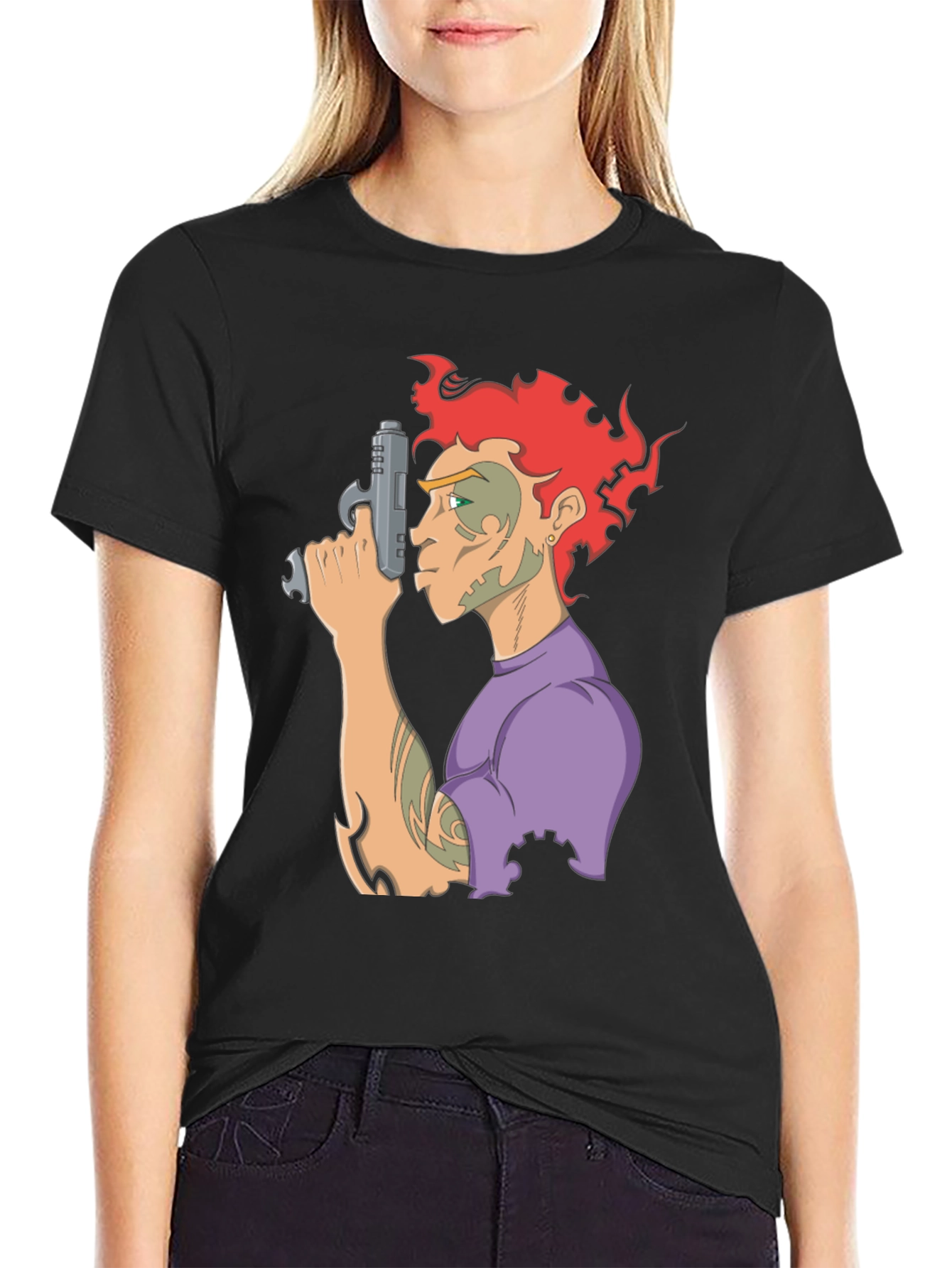 Camiseta Negra con Diseño Gráfico de Personaje con Pistola