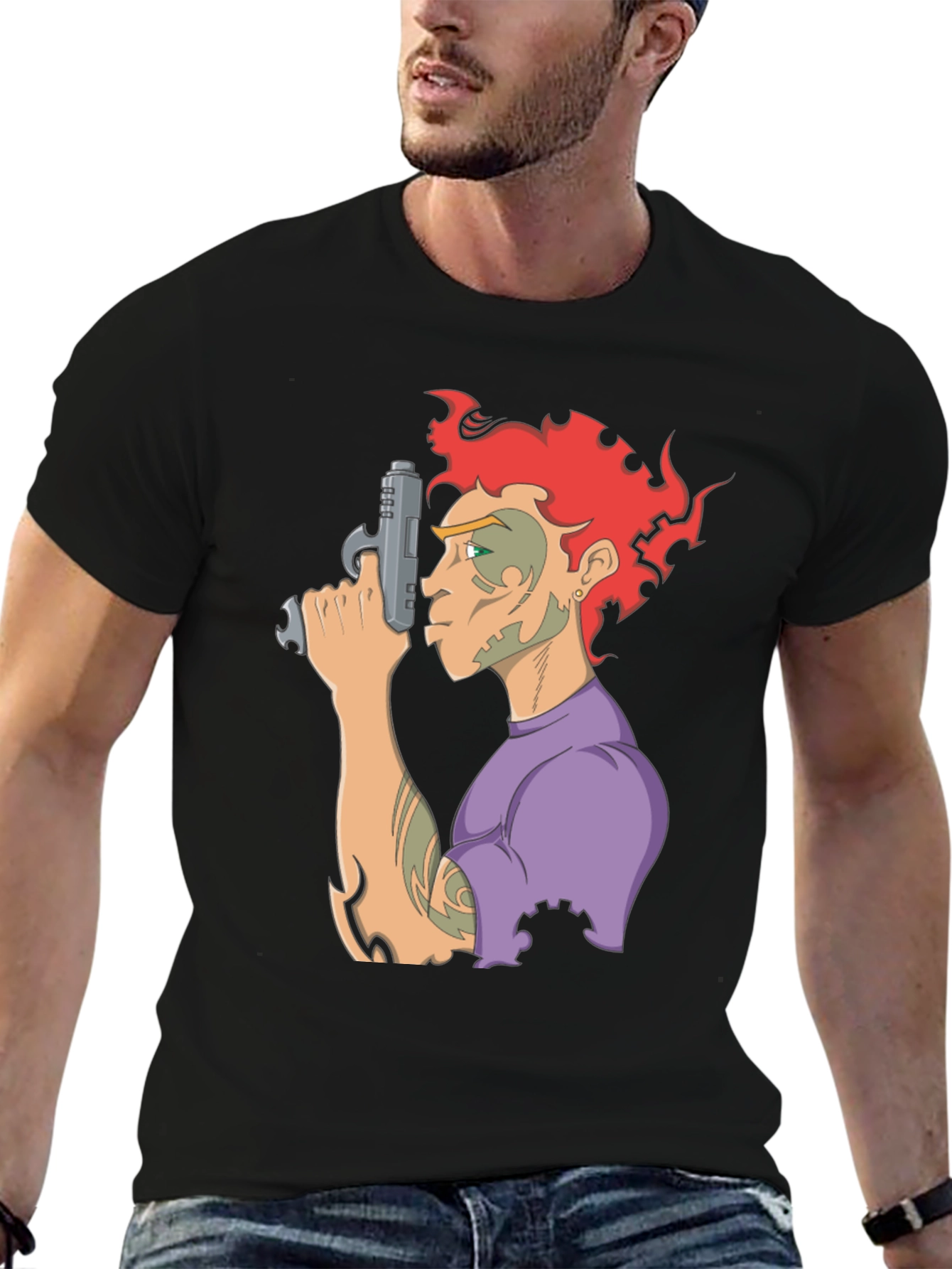 Camiseta Negra con Diseño Gráfico de Personaje con Pistola