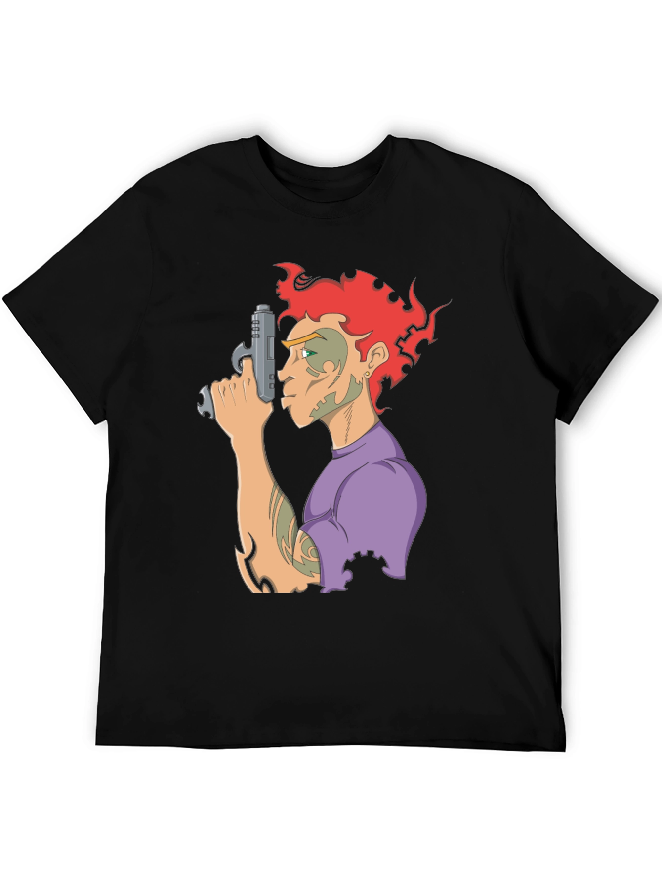 Camiseta Negra con Diseño Gráfico de Personaje con Pistola