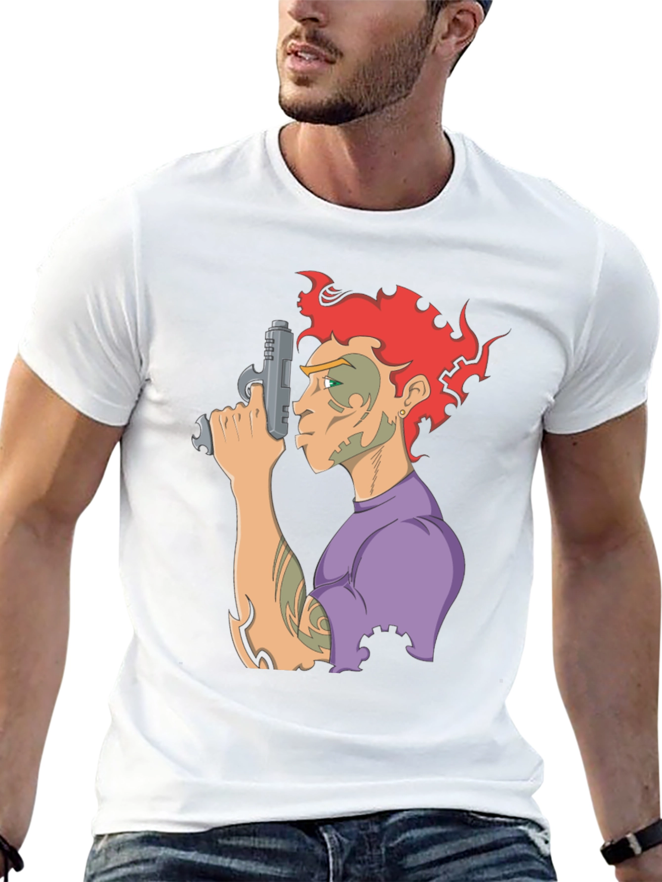 Camiseta Negra con Diseño Gráfico de Personaje con Pistola