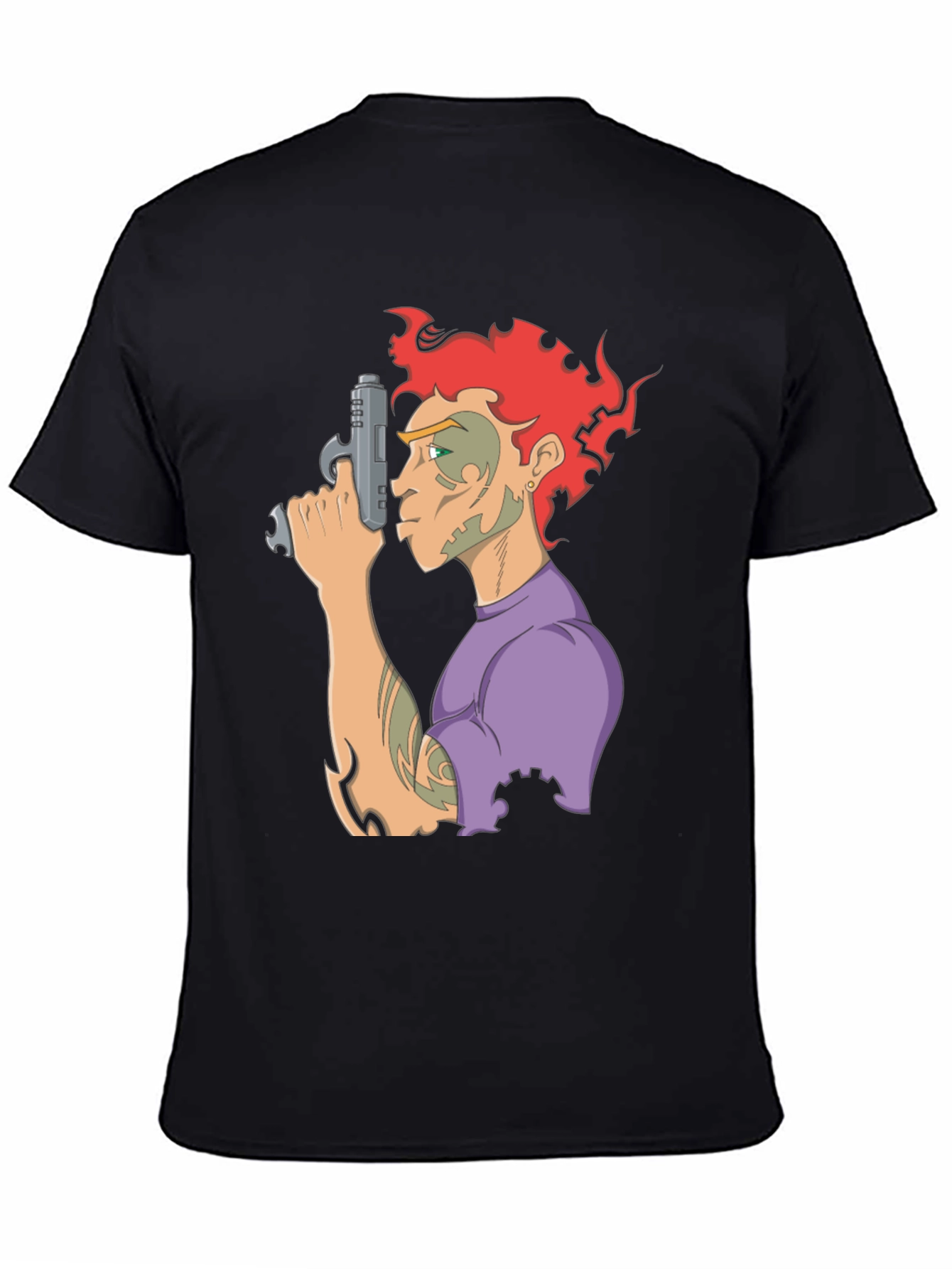 Camiseta Negra con Diseño Gráfico de Personaje con Pistola