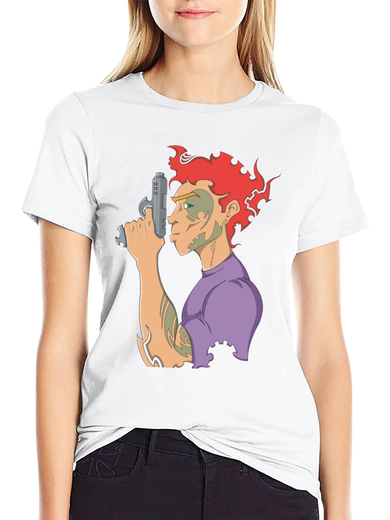 Camiseta Negra con Diseño Gráfico de Personaje con Pistola