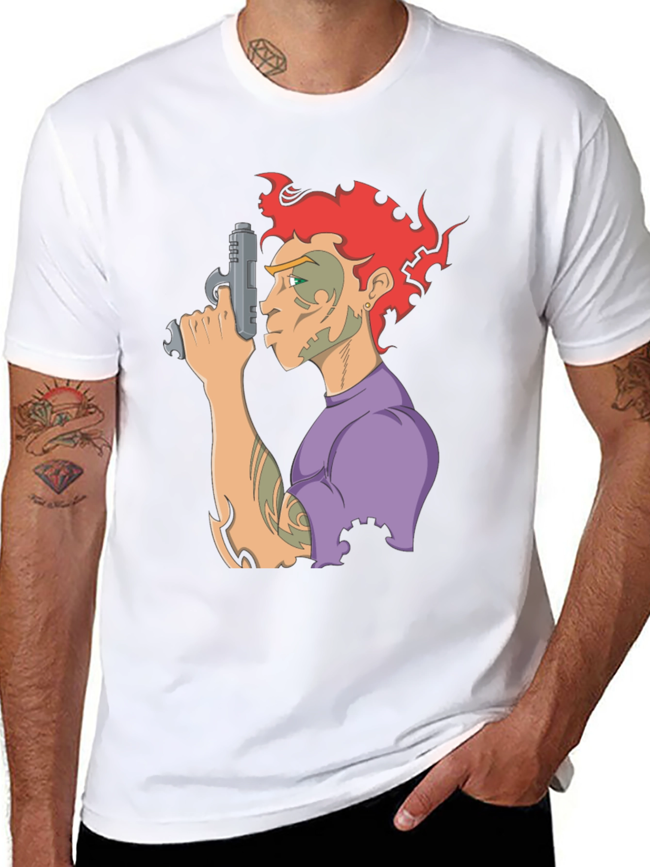Camiseta Negra con Diseño Gráfico de Personaje con Pistola