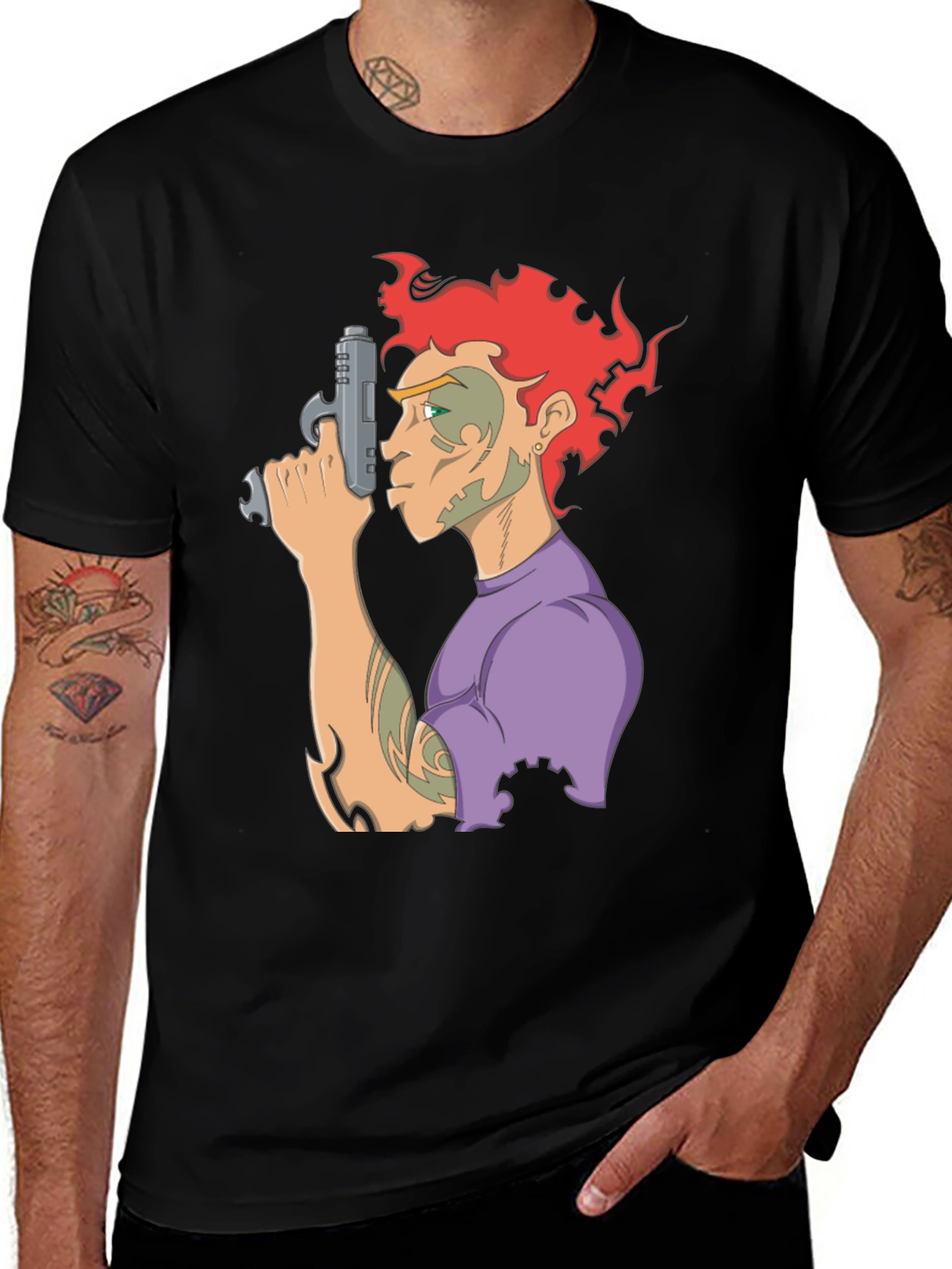 Camiseta Negra con Diseño Gráfico de Personaje con Pistola