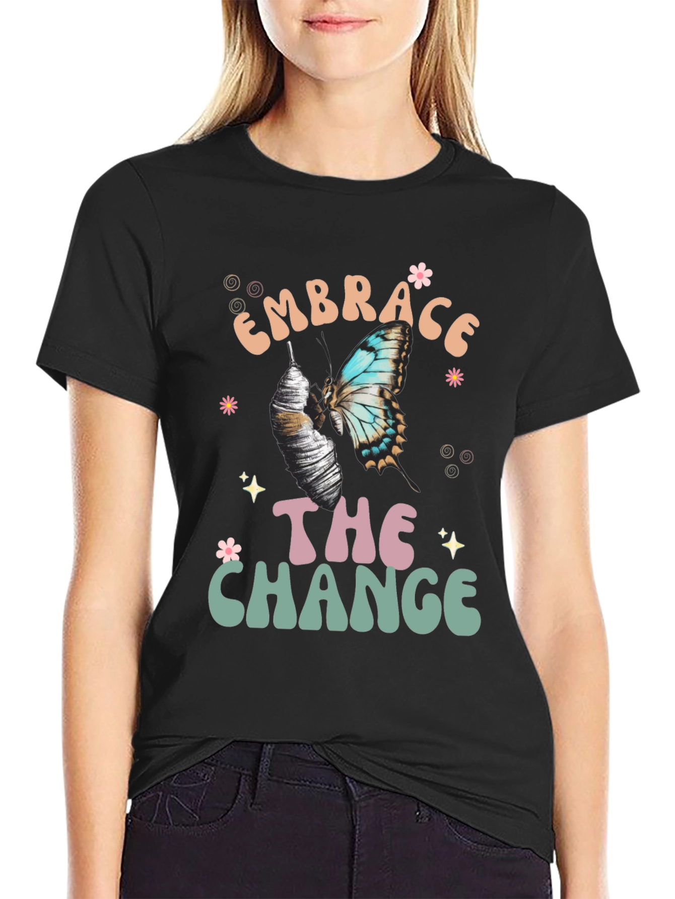 Camiseta Negra Abraza El Cambio con Mariposa