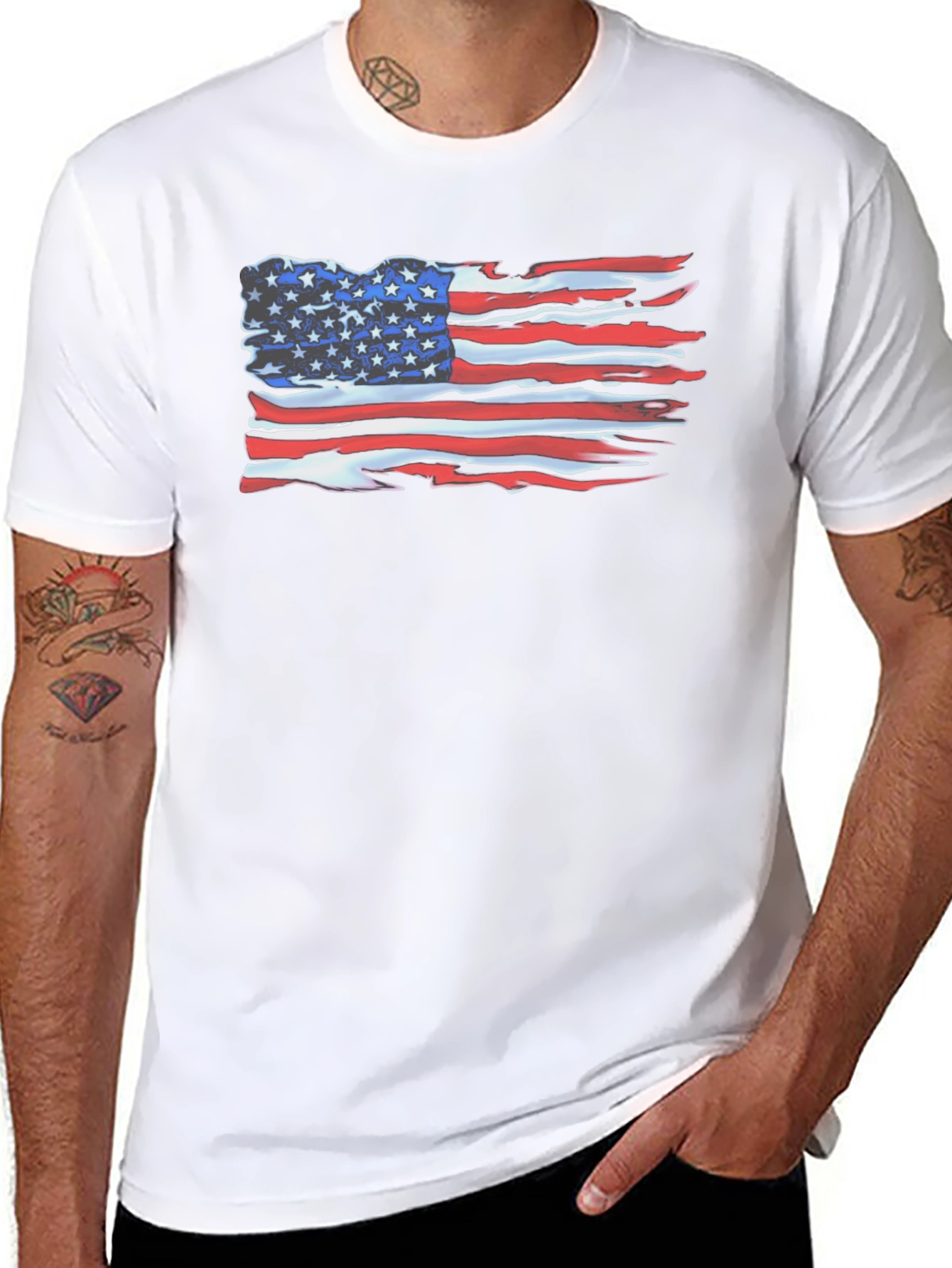 Camiseta Negra con Bandera Americana Desgastada
