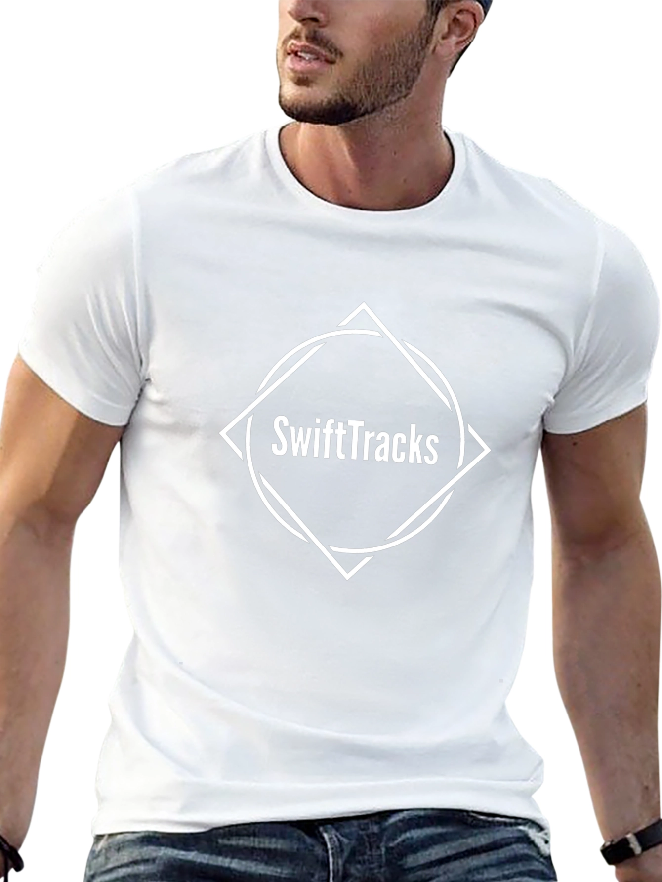 Camiseta Negra SwiftTracks Diseño Gráfico Moderno