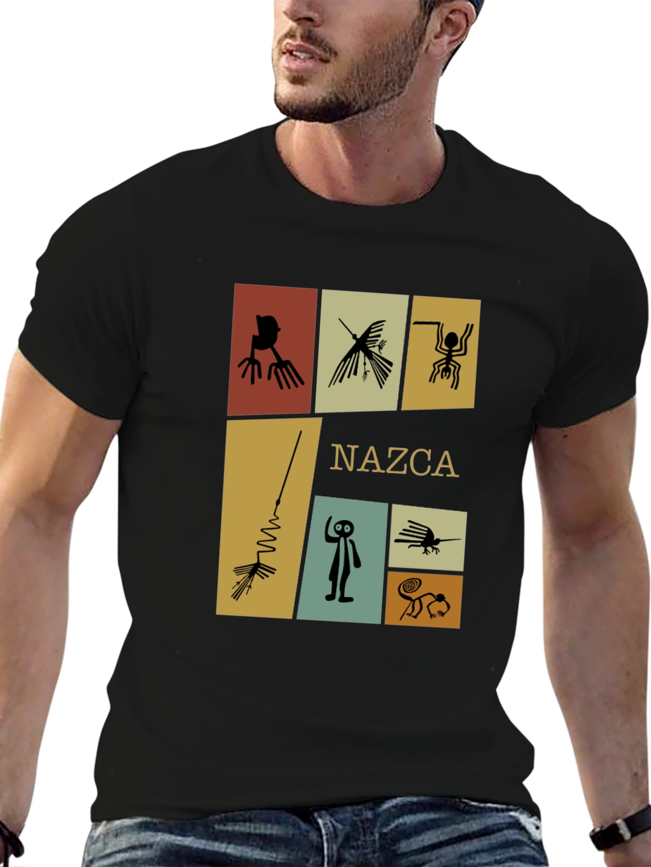 Camiseta Negra con Diseño de Líneas de Nazca
