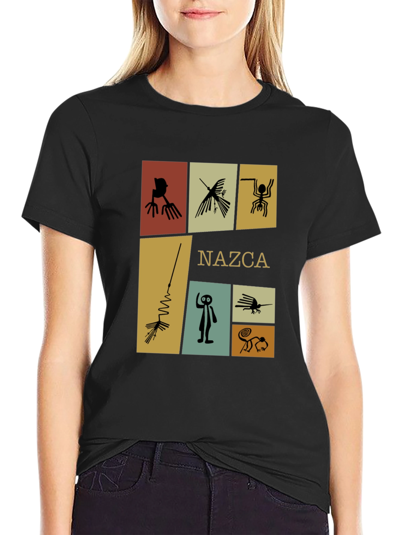 Camiseta Negra con Diseño de Líneas de Nazca