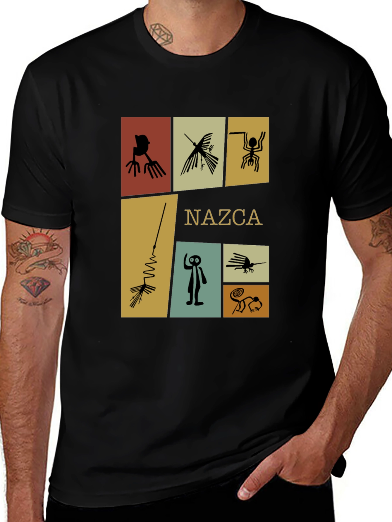 Camiseta Negra con Diseño de Líneas de Nazca