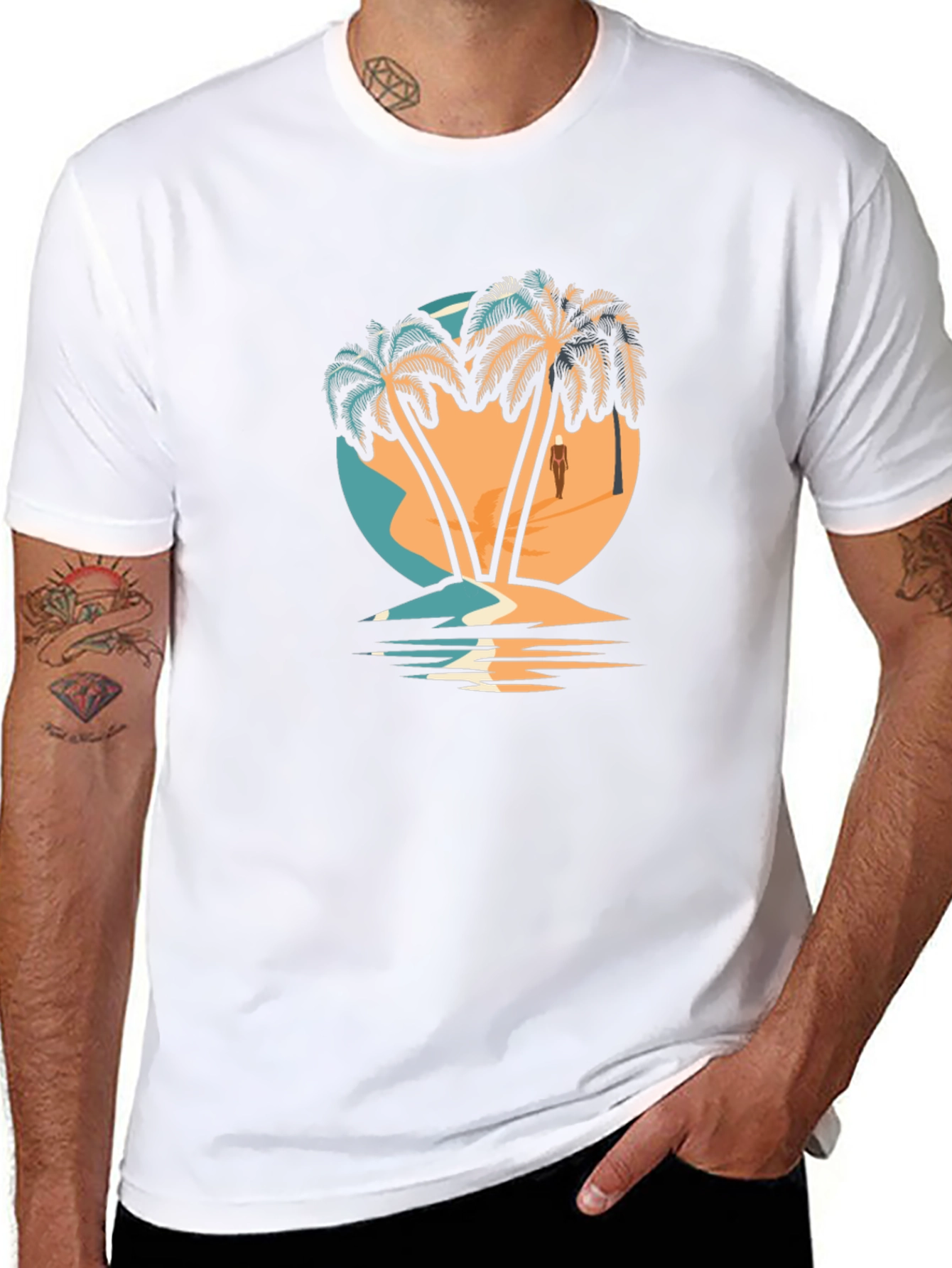 Camiseta Negra con Diseño de Palmeras Tropicales