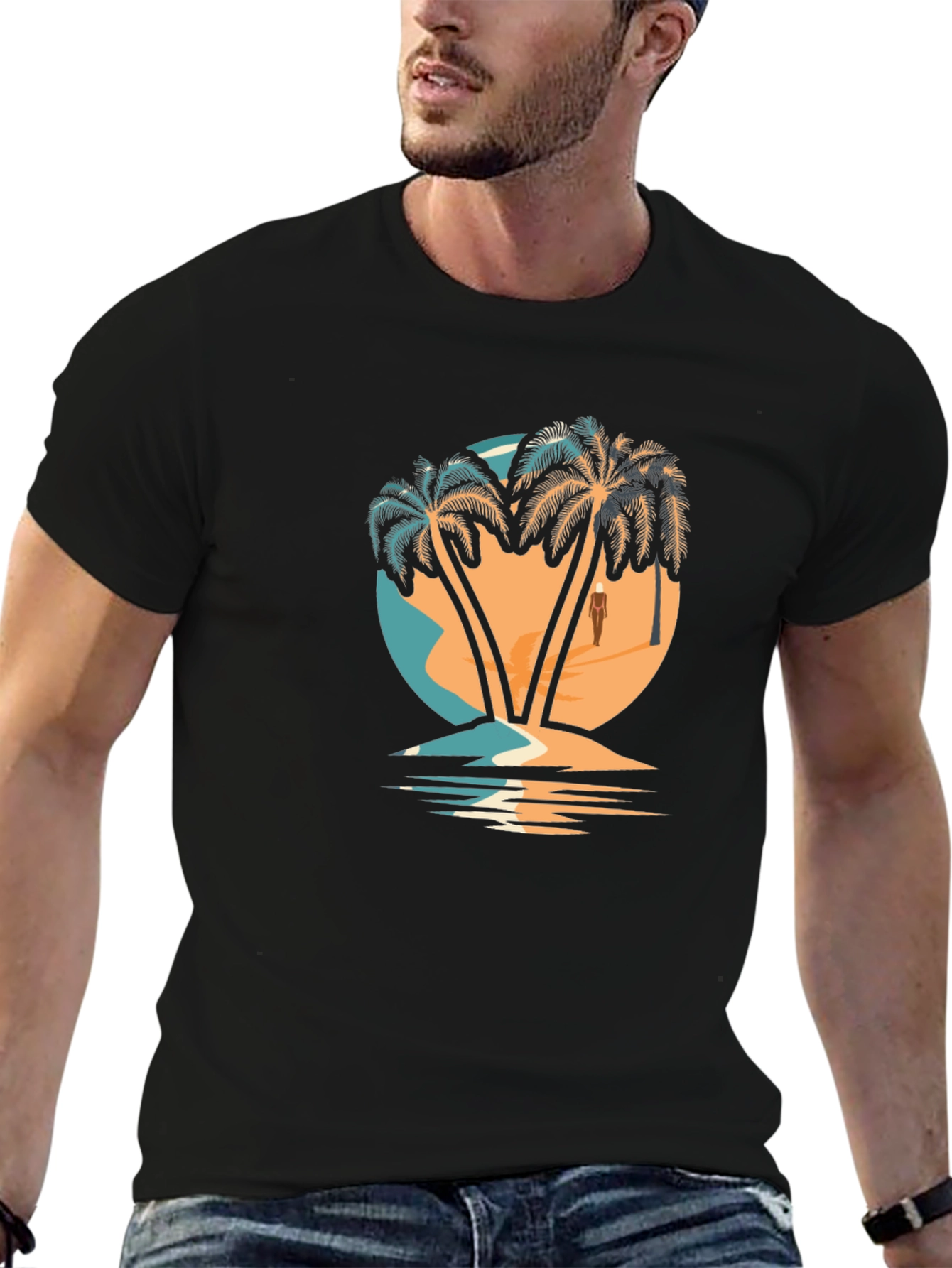 Camiseta Negra con Diseño de Palmeras Tropicales
