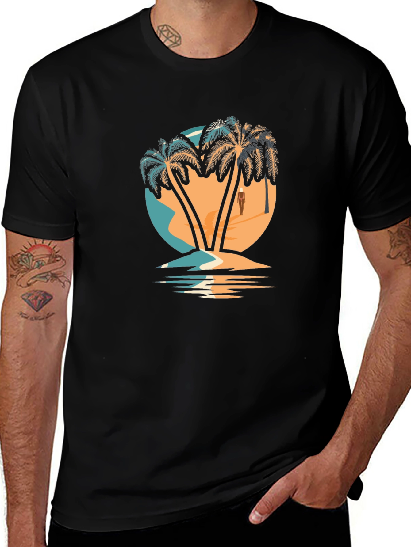 Camiseta Negra con Diseño de Palmeras Tropicales