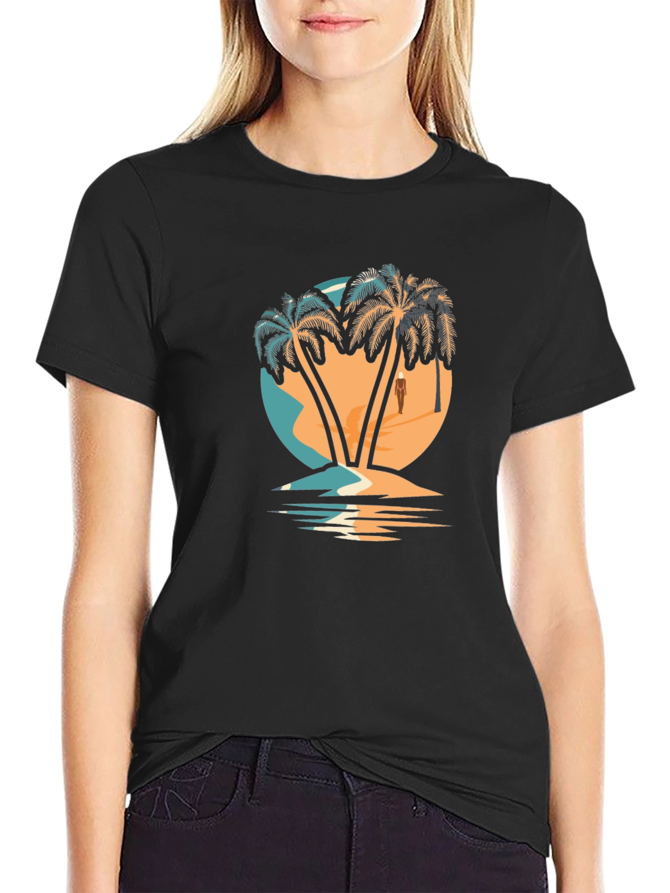 Camiseta Negra con Diseño de Palmeras Tropicales