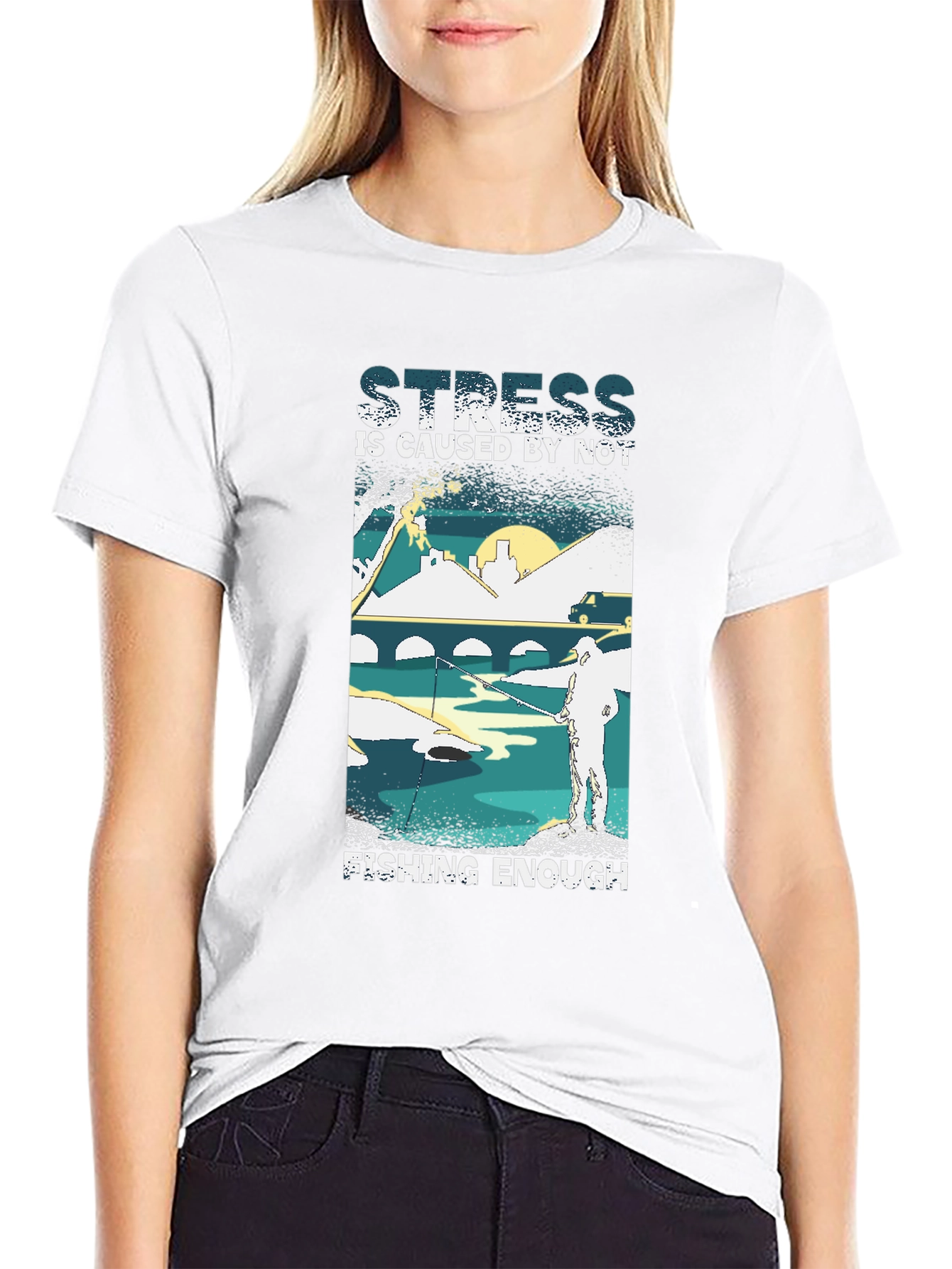 Camiseta Negra: Stress is Caused by Not Fishing Enough