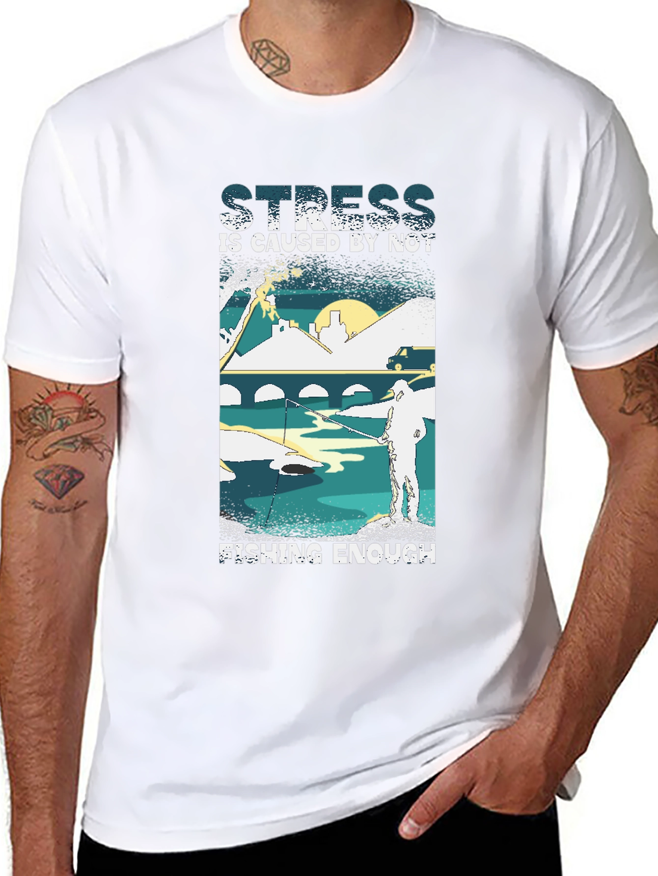 Camiseta Negra: Stress is Caused by Not Fishing Enough
