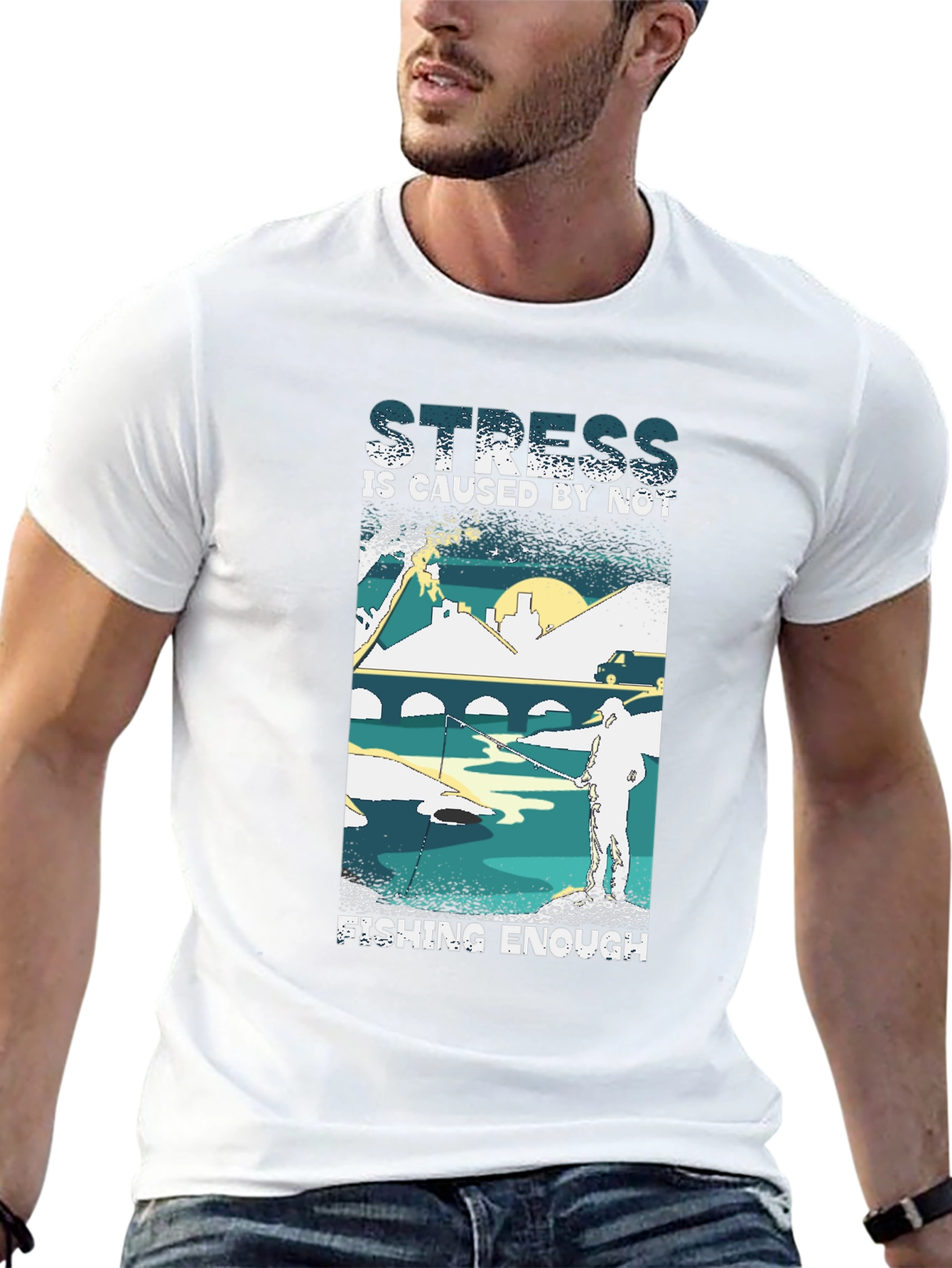 Camiseta Negra: Stress is Caused by Not Fishing Enough