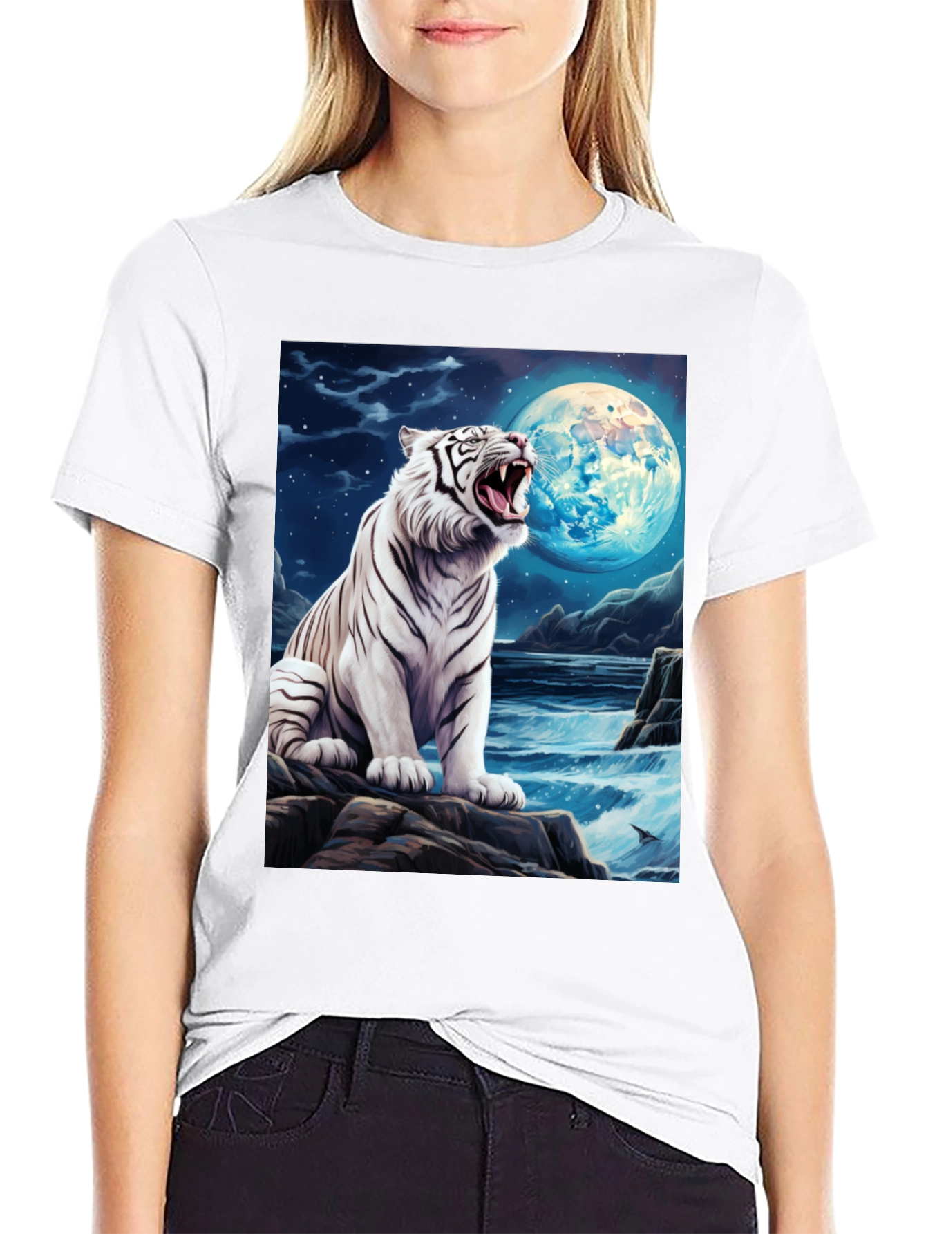 Camiseta Negra con Tigre Blanco y Luna