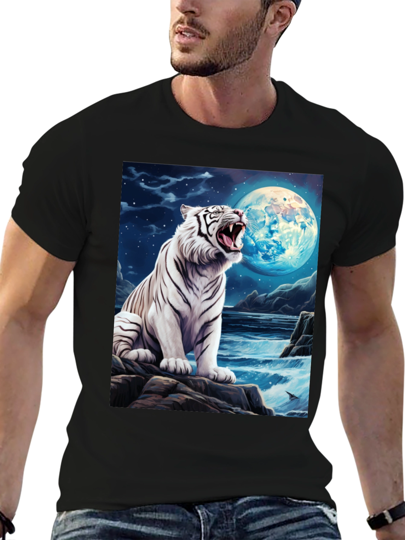 Camiseta Negra con Tigre Blanco y Luna