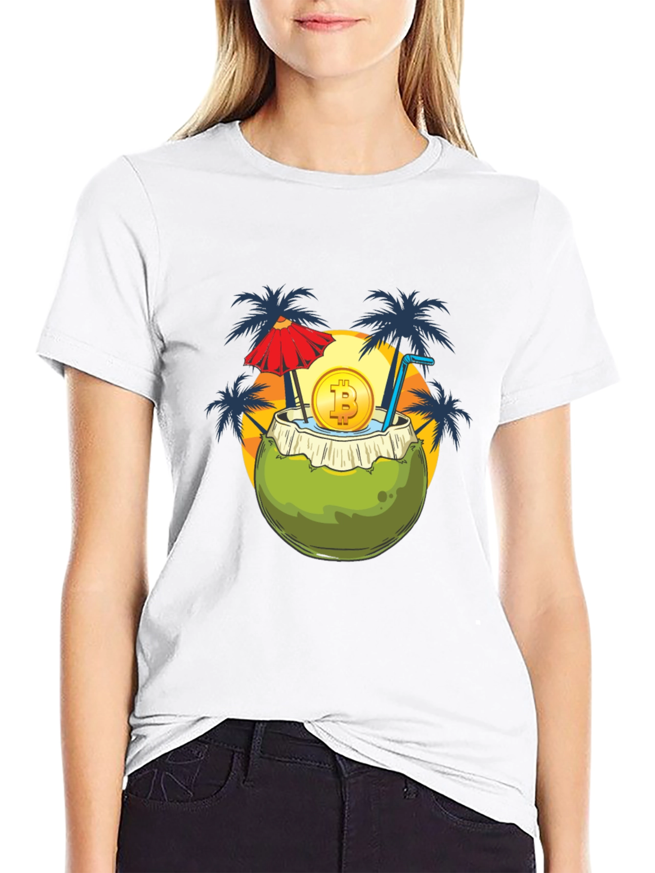 Camiseta Negra con Diseño Tropical Bitcoin